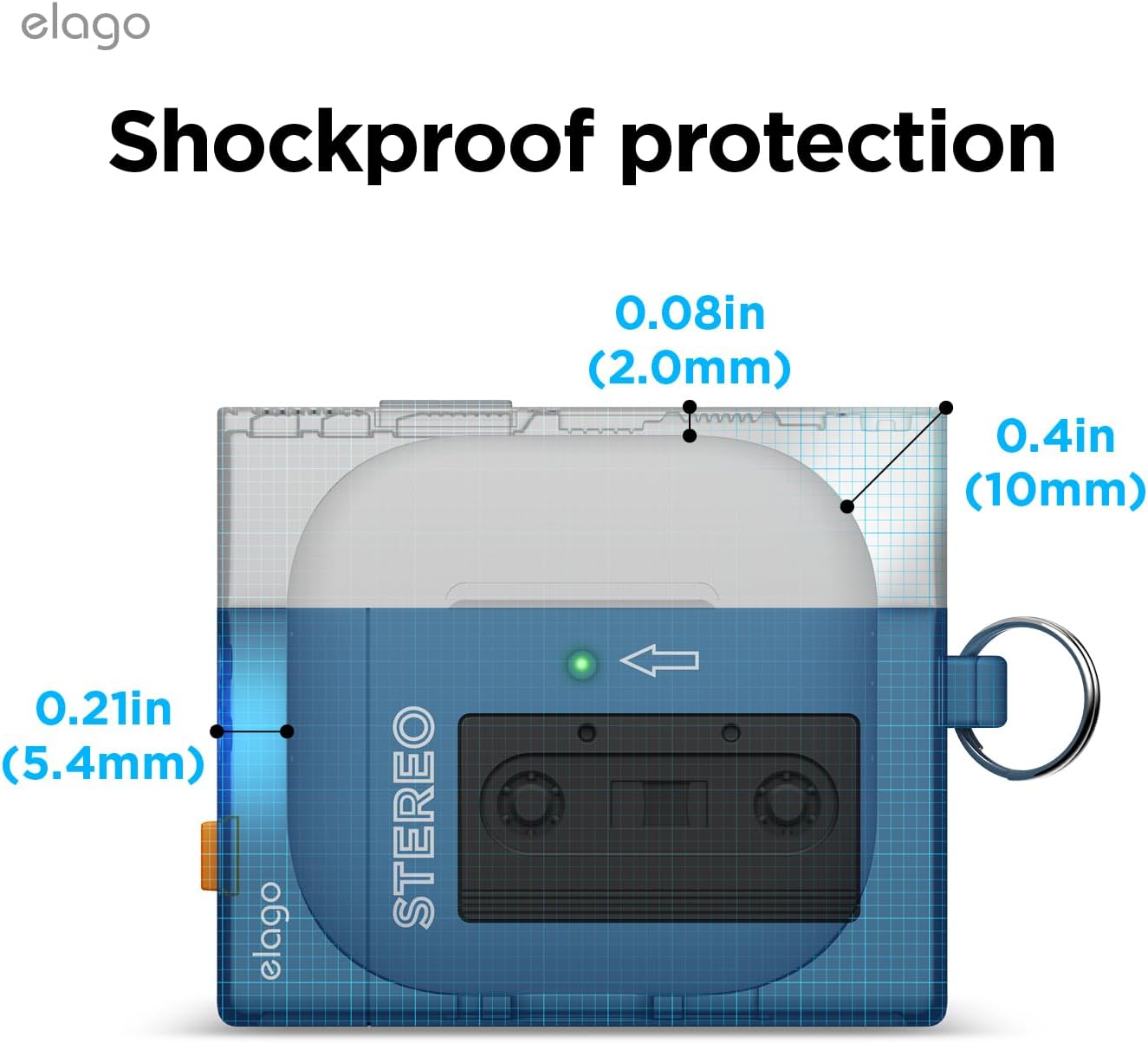 Detalle de elago Armor Coque lecteur de cassette pour AirPods 4 (bleu) avec lanière