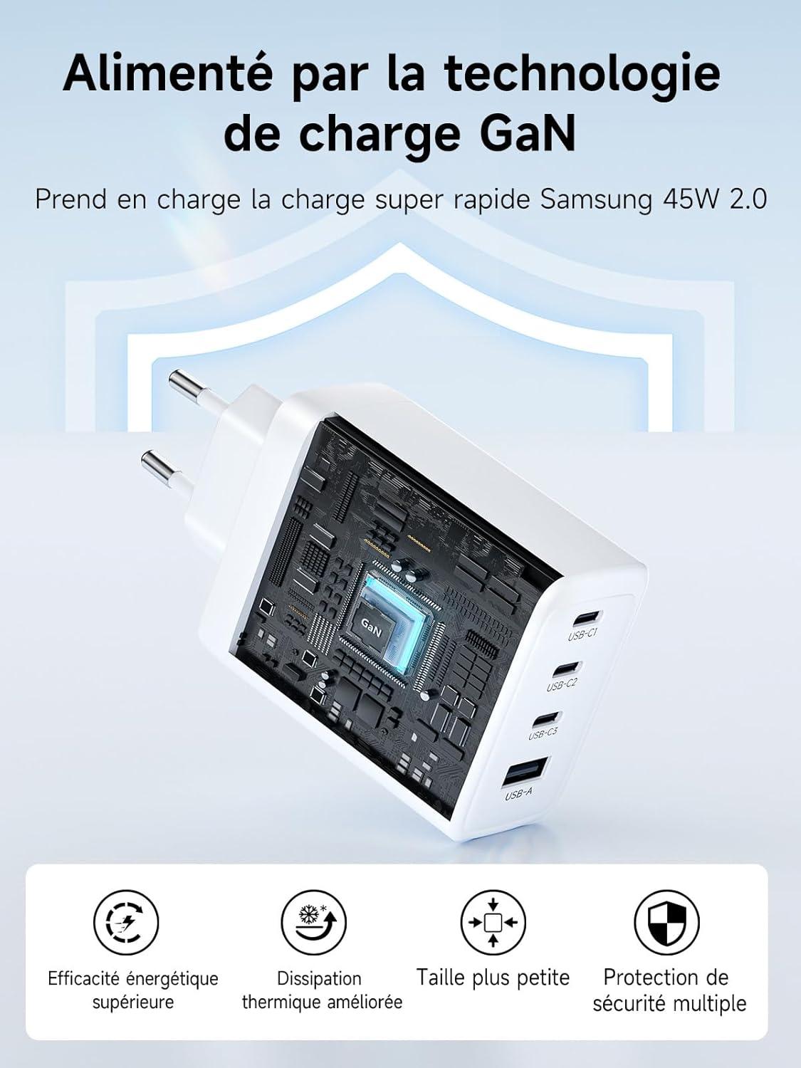 Thumbnail 4 de Chargeur USB-C GaN 100W 4 ports pour ordinateur portable (3×USB-C + 1×USB-A) + câble USB-C 2 m