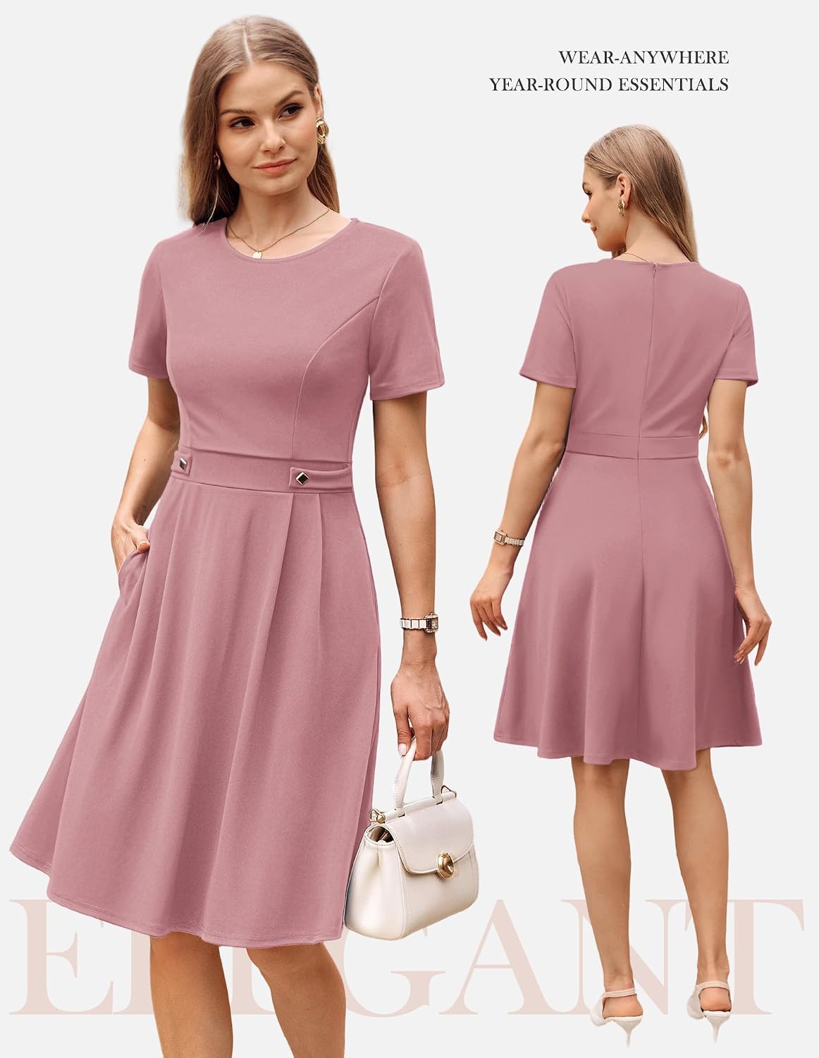 Detalle de GRACE KARIN Damen Kleid Elegante A-Linie Rundhals mit Taschen – Vielseitiges Business- und Festkleid
