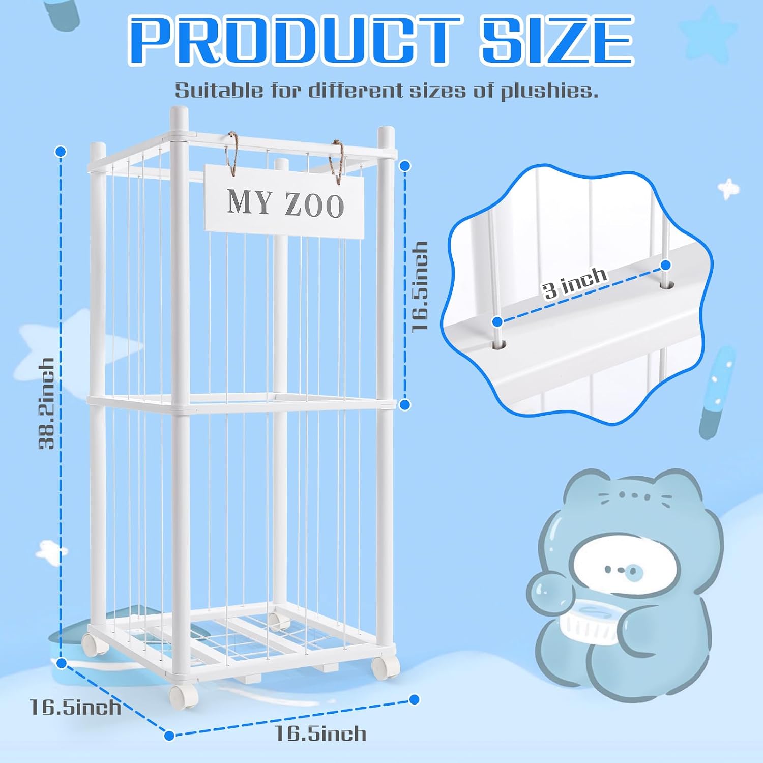 Detalle 2 de GLDZI Stuffed Animal Storage Wooden Organizer, Small White with Wheels