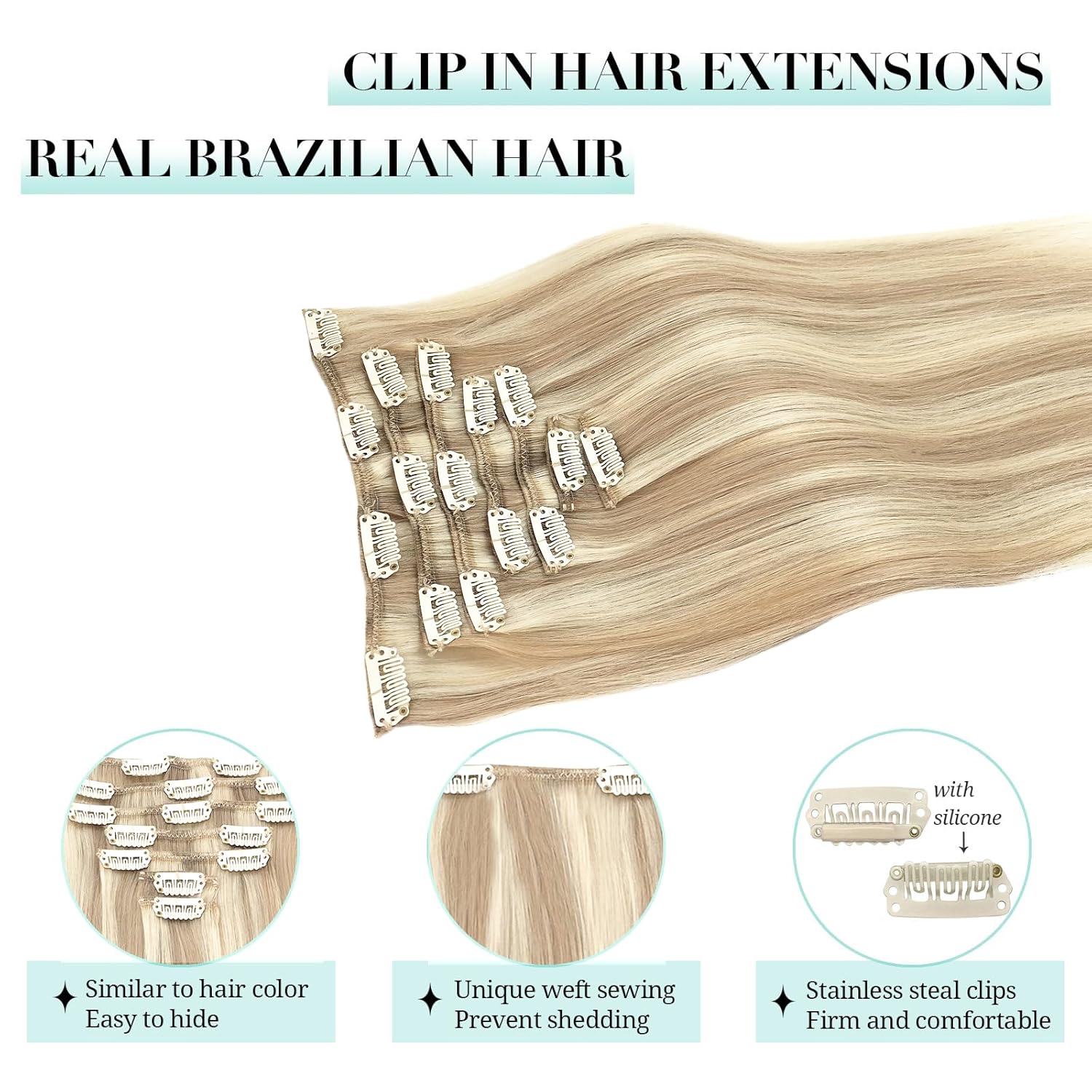 Thumbnail 3 de DOORES Clip-in Human Hair Extensions Balayage Dark Blonde to Bleached Blonde, 120g, 7 Pieces, 18-Inch Straight Thick Hair