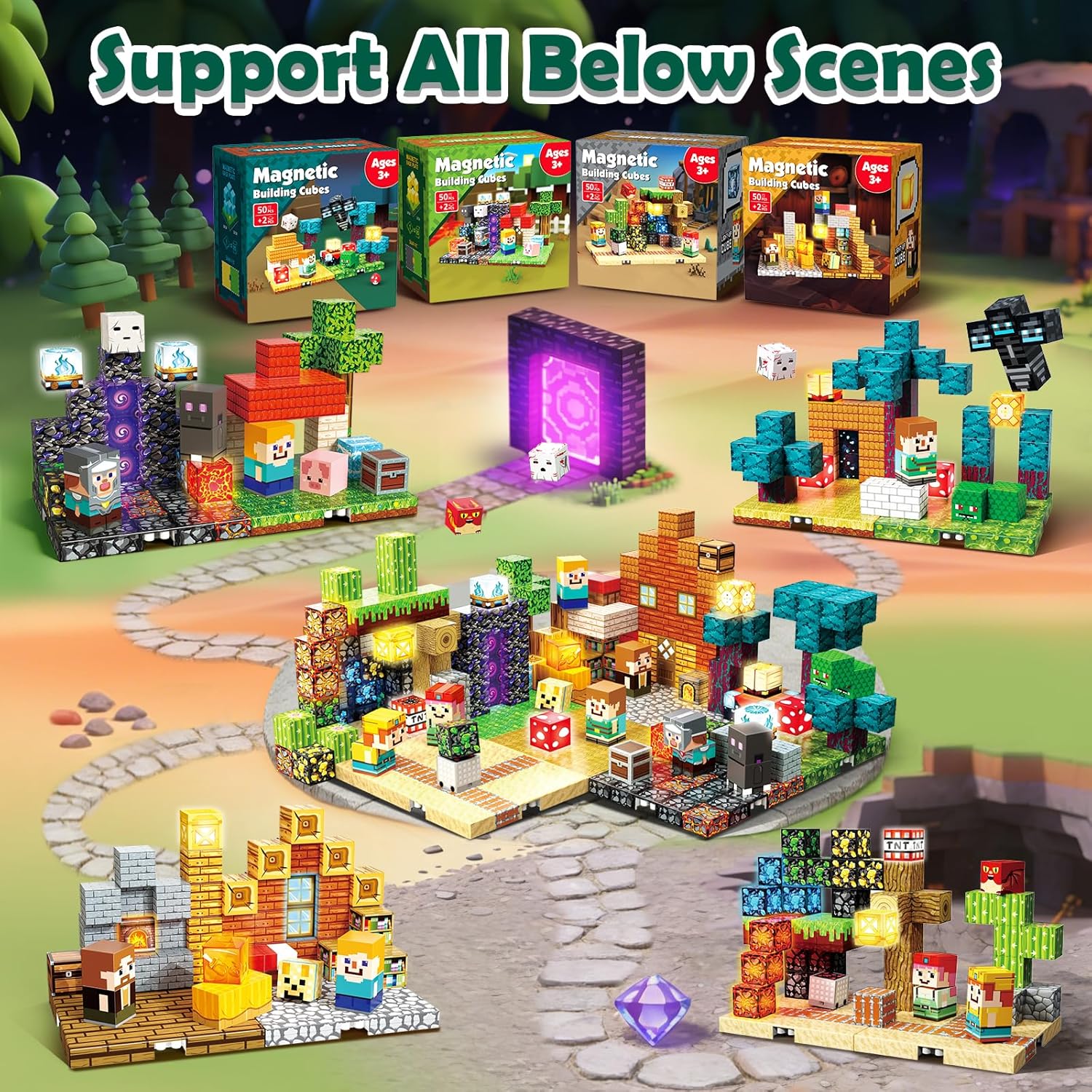 Thumbnail 2 de Four Themes Magnetic Blocks with 8 Baseplate Light Blocks – Magnetic Building Cubes for Kids (Age 3+)