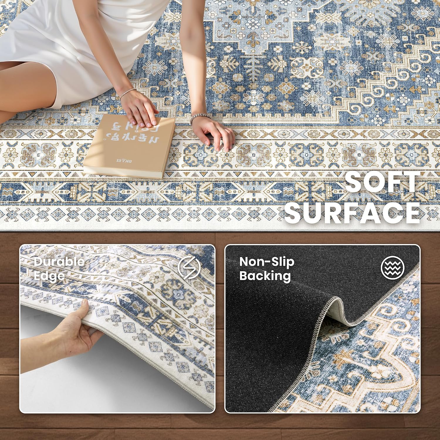 Detalle 2 de zesthome 8' x 10' Washable Area Rug, Low-Pile Microfiber, Blue/Beige