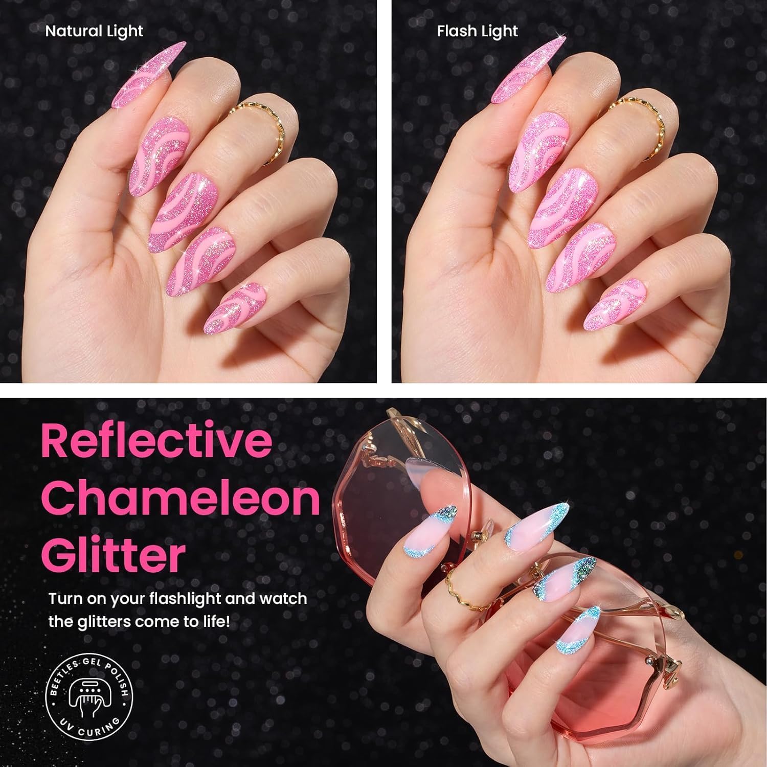 Detalle 2 de Beetles Chameleon Gel Nail Polish Set (6 Colors) – Sparkle Pink, Purple, Blue Glitter Chameleon UV/LED Gel Kit