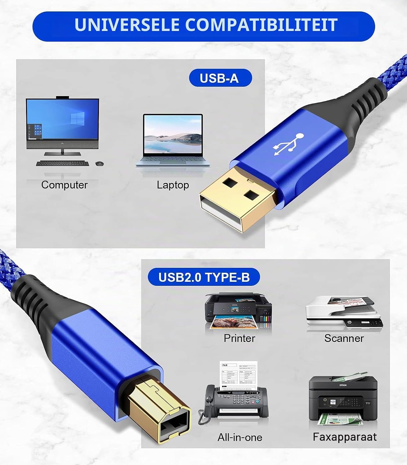 Thumbnail 1 de sweguard USB-printerkabel 3 m, USB 2.0, gevlochten nylon