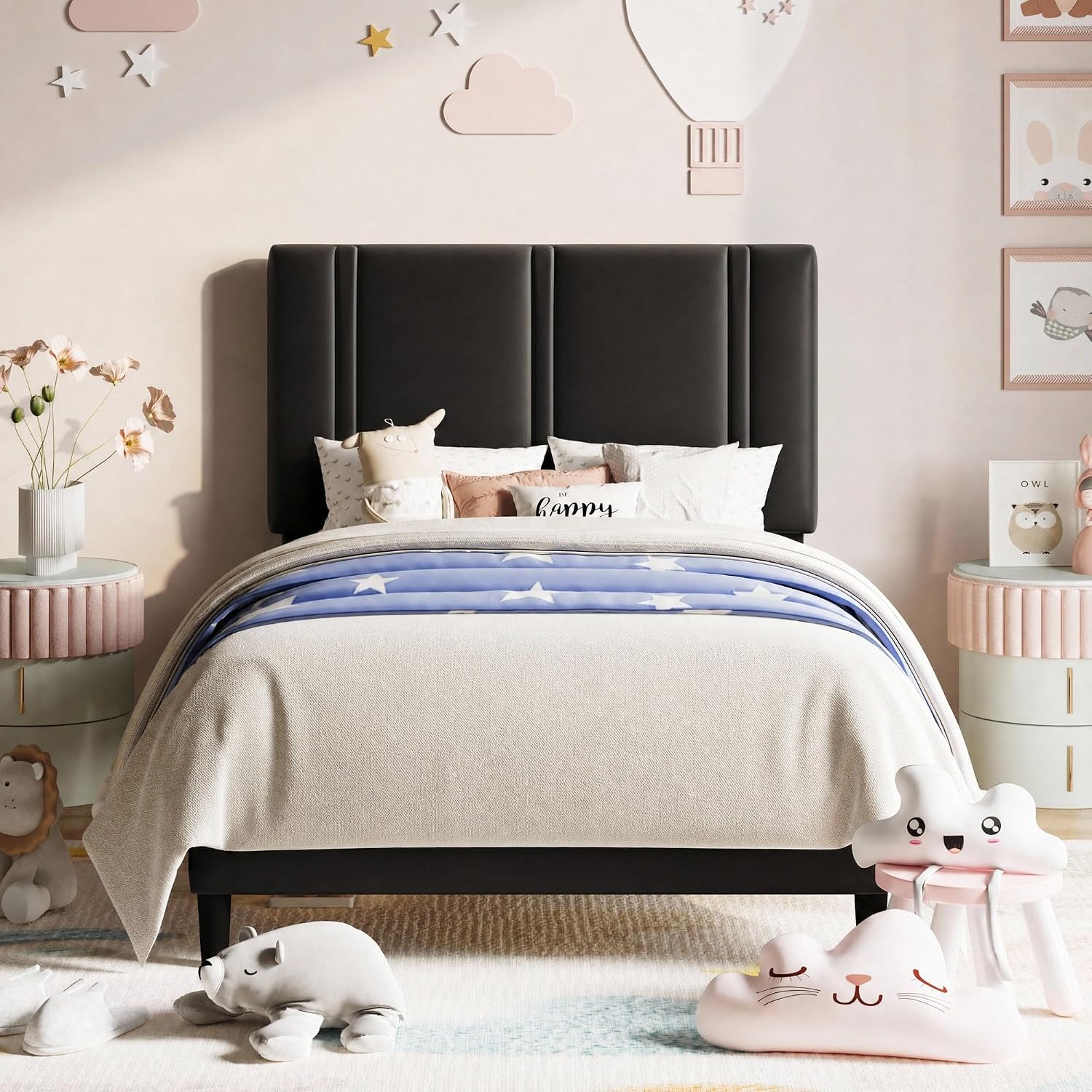 Detalle de Allewie Twin Platform Bed Frame with Velvet Headboard