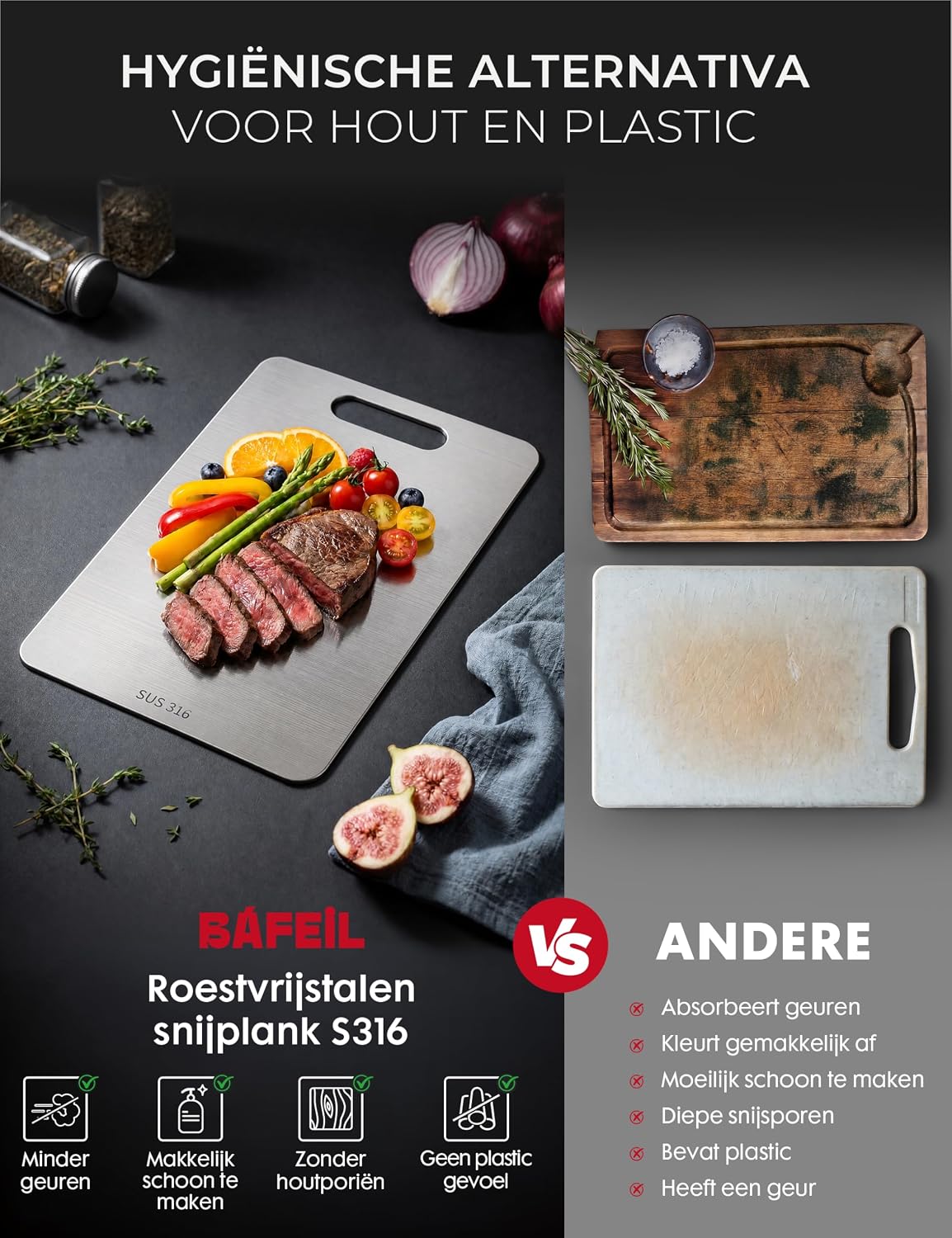 Thumbnail 1 de Bafeil Cutting board titanium snijplankenset, 3 stuks, omkeerbaar