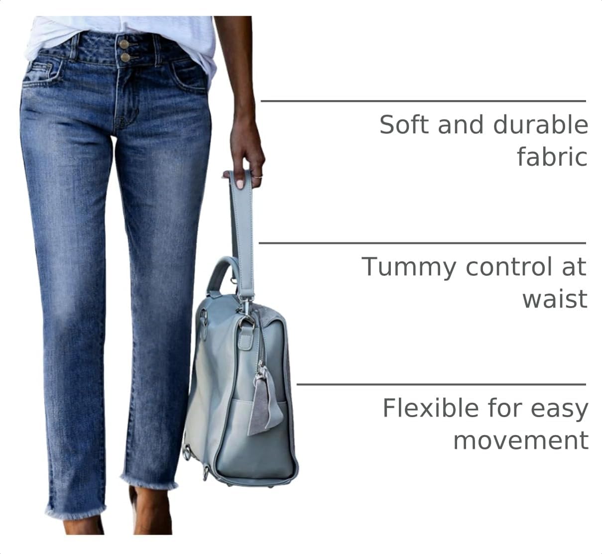 Detalle de Sidefeel Women’s High-Waisted Stretch Raw Hem Straight-Leg Ankle Jeans with Pockets