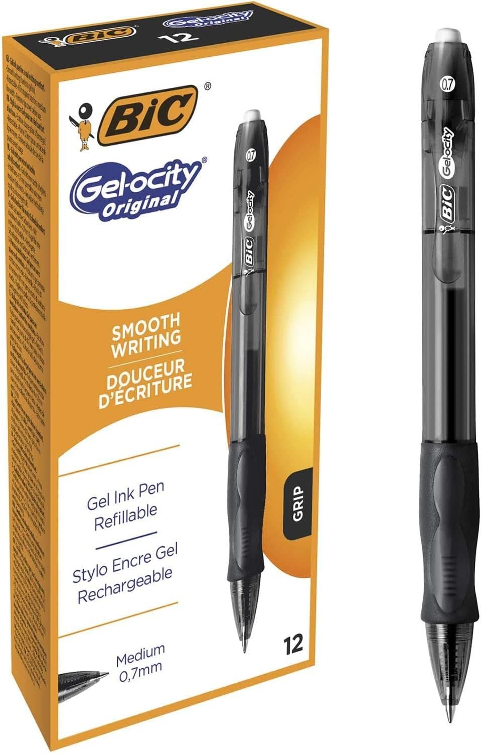 BIC Gel-ocity Original Gel Ink Pens, 0.7mm, Black, Pack of 12