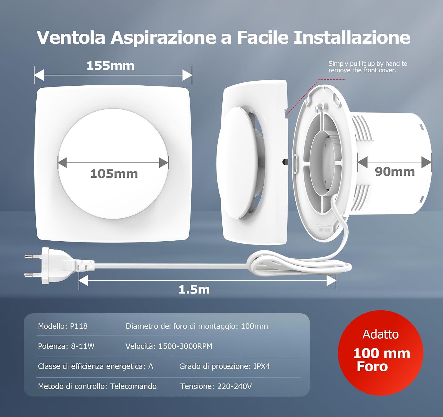 Thumbnail 6 de BUMSOU Aspiratore Bagno 100mm con Telecomando e 11 Effetti Luminosi – Silenzioso e Bidirezionale