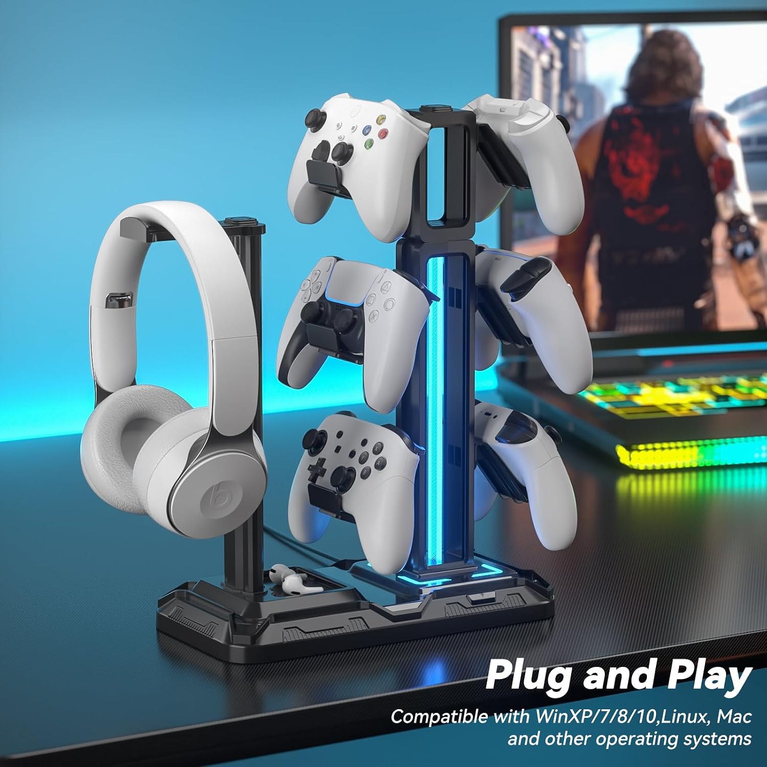 Detalle de KDD Multi Gaming Headset Halterung mit 9 Lichtmodi – Drehbarer Kopfhörer- und Controller-Ständer für Schreibtisch