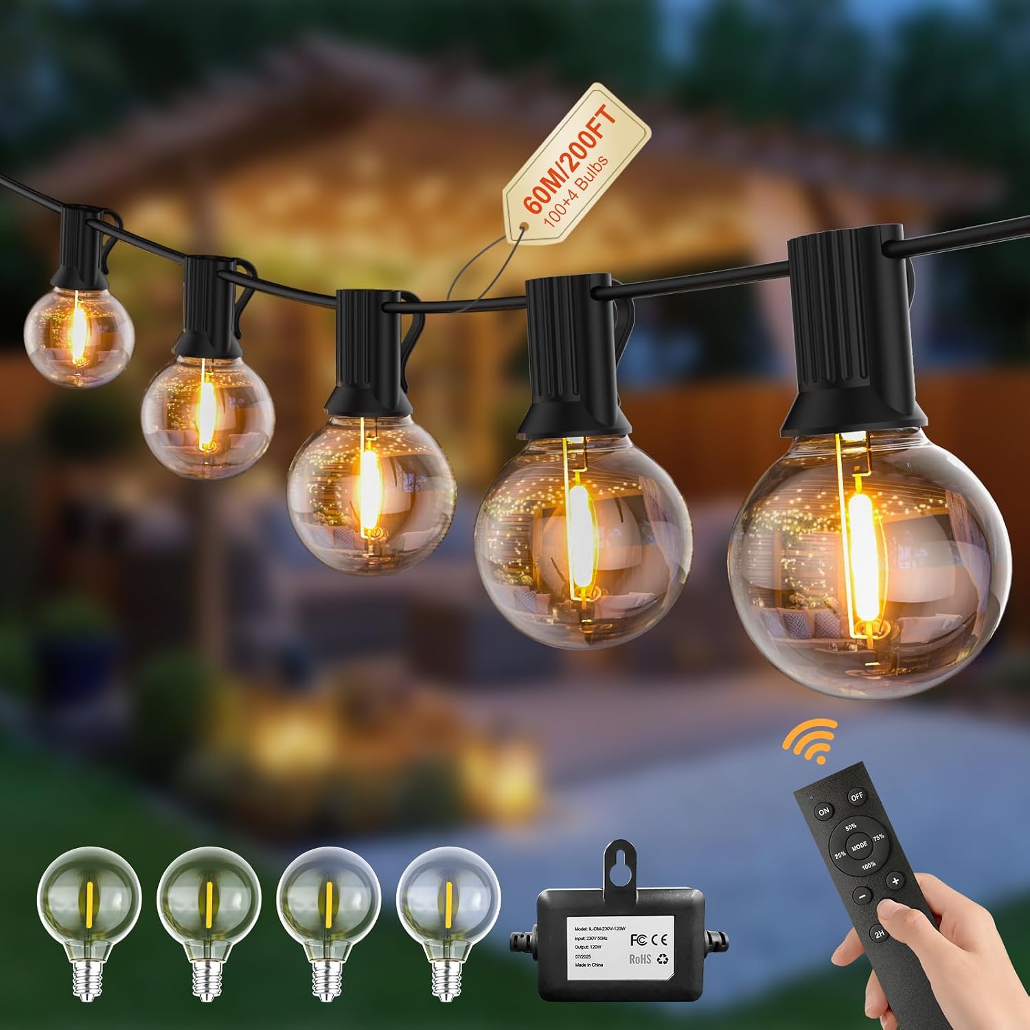 Detalle de Pogestrand Luci Da Esterno Giardino G40 60M: 100 LED IP45, 24V, Telecomando e Timer