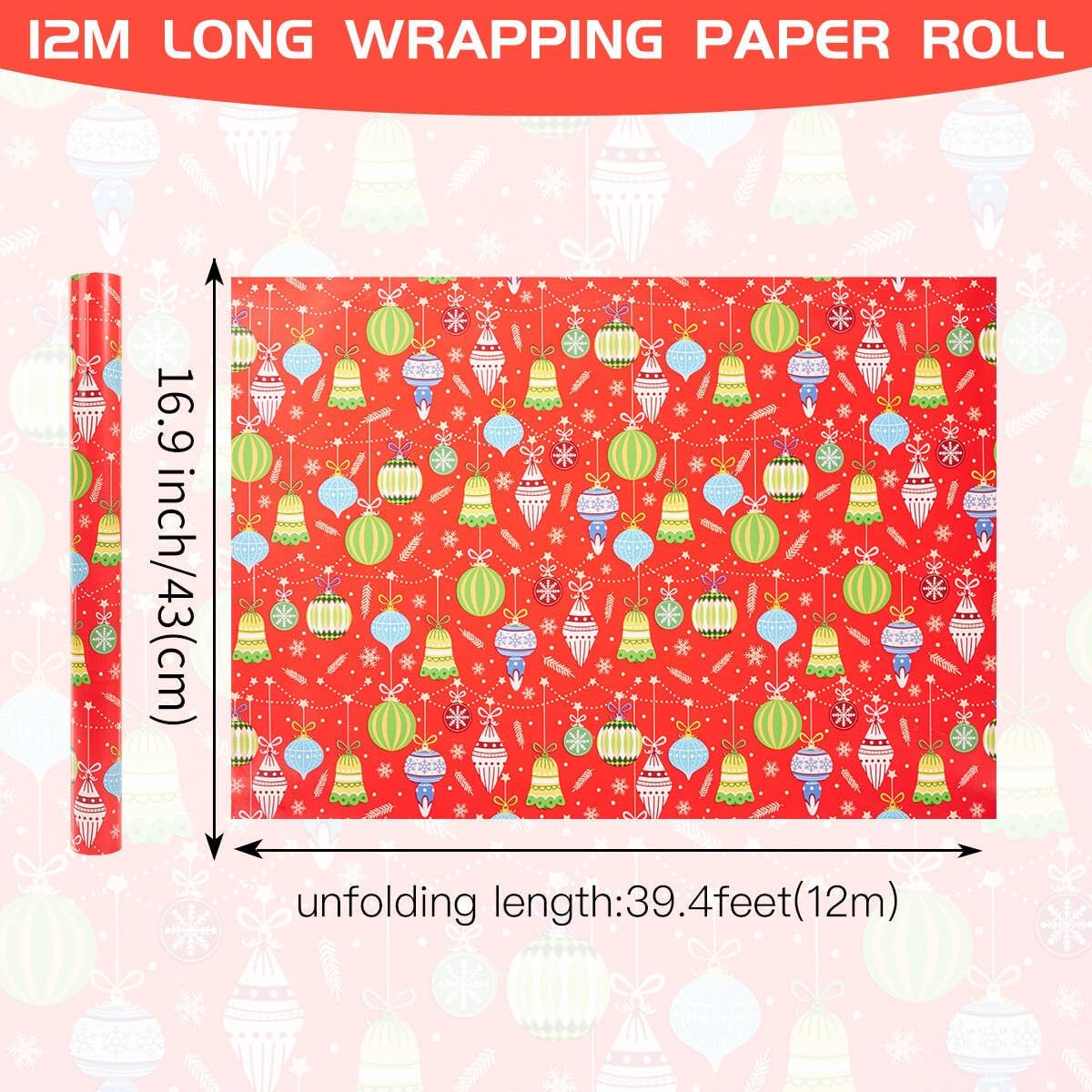 Detalle de Christmas Wrapping Paper Roll, 43cm x 12m, Christmas Elements Collection (Red)