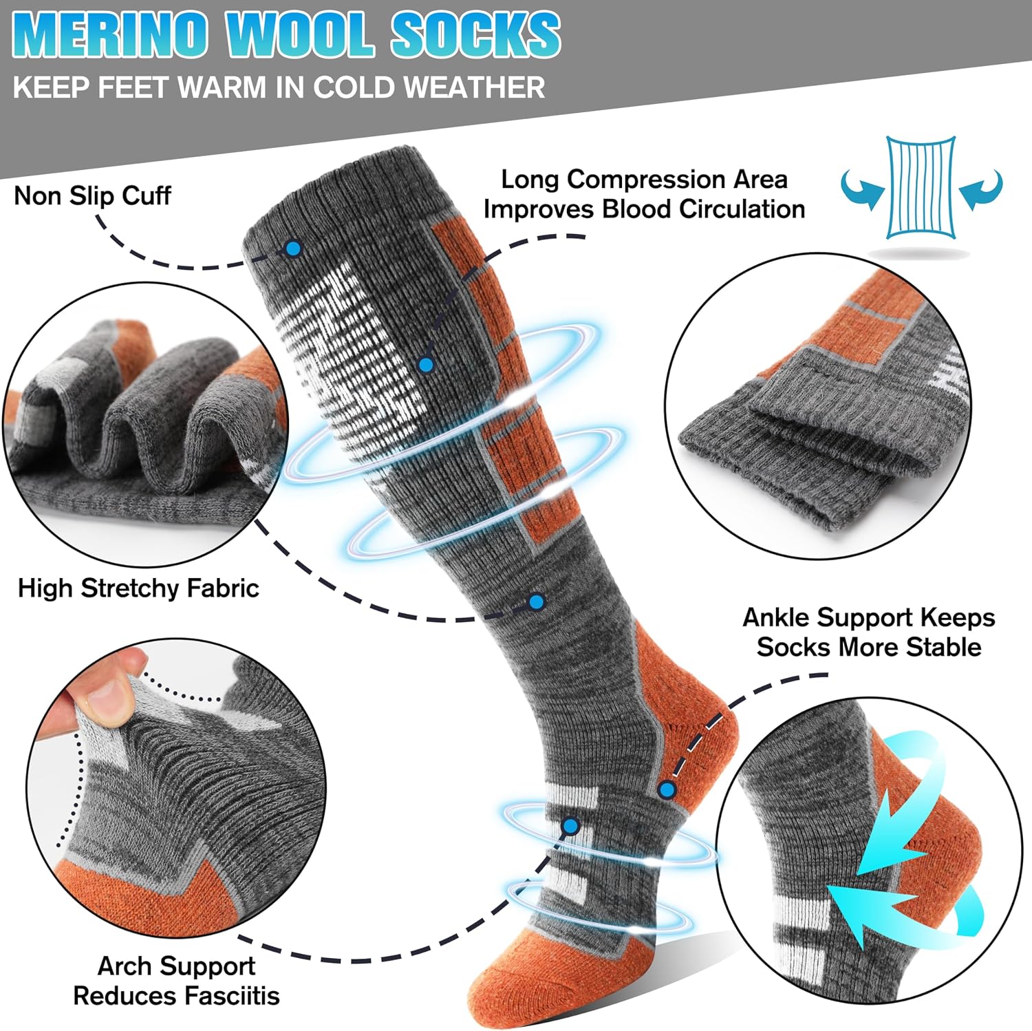 Detalle de Anlisim Merino Wool Ski Socks, 3 Pairs, Knee-High with Cushioning