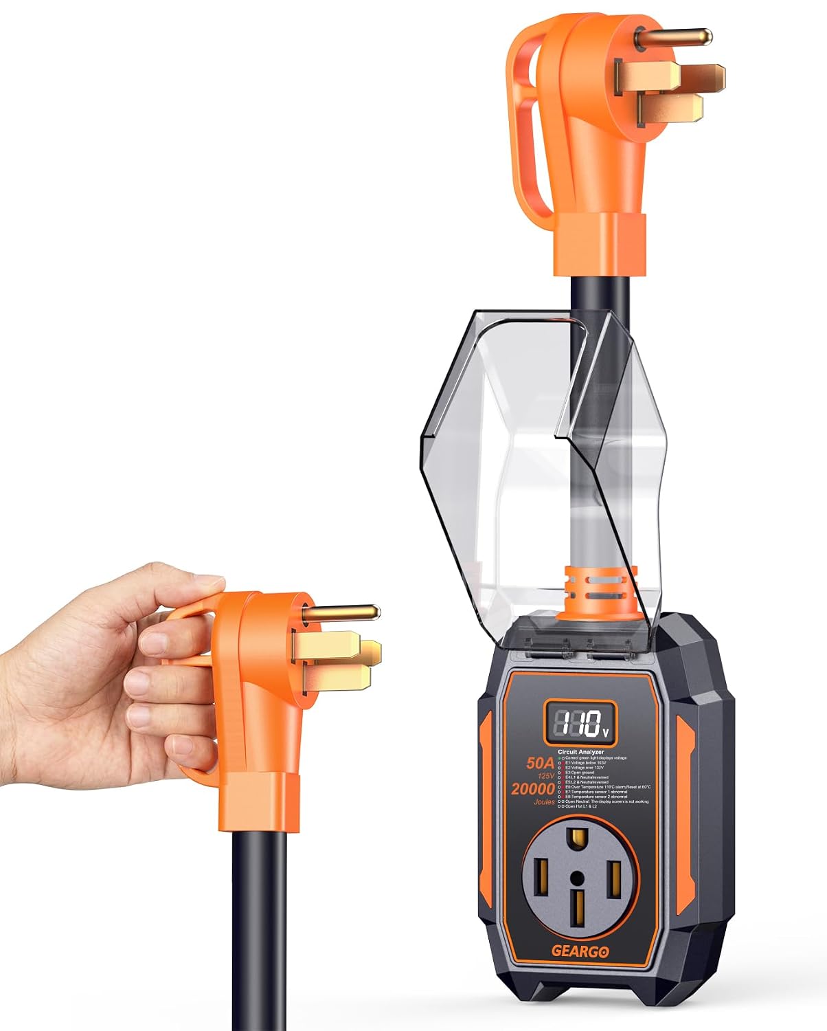 Detalle de GEARGO 2026 Smart RV Surge Protector 50 Amp with 20,000J: Real-Time Diagnostics for Safer Campouts