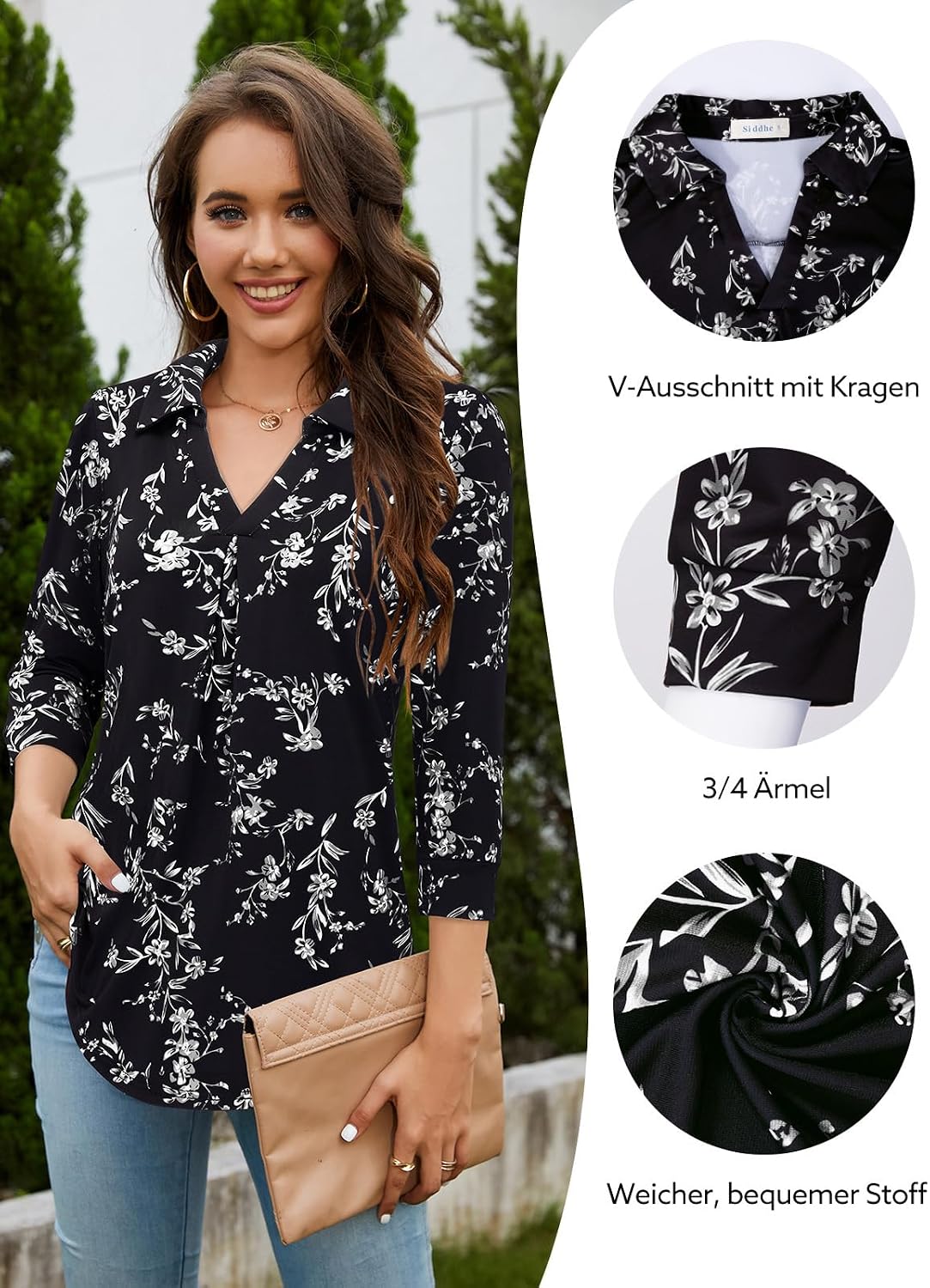 Thumbnail 4 de Siddhe Damen V-Ausschnitt Bluse 3/4 Ärmel
