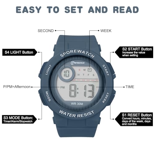 Detalle de OFFCUP Reloj Infantil LED: reloj digital para niños 3–11 años, resistente al agua 30 m, azul