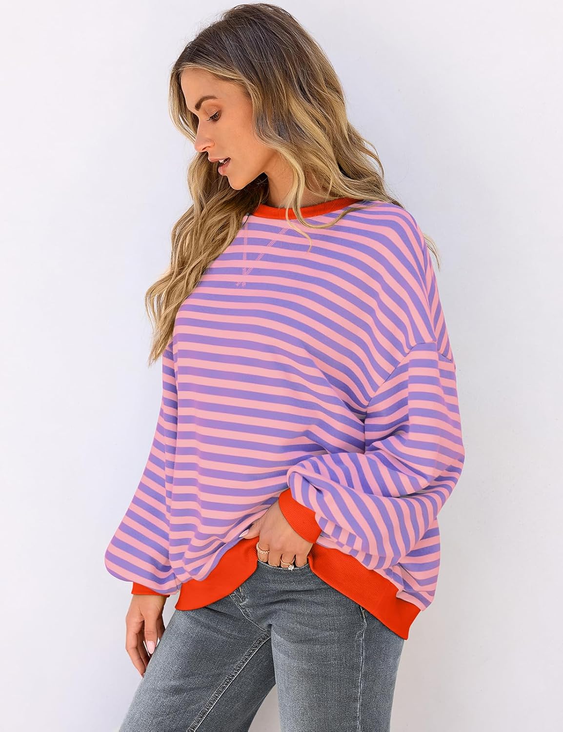Thumbnail 2 de UEU Women Oversized Striped Crewneck Sweatshirt – Color Block, Long Sleeve