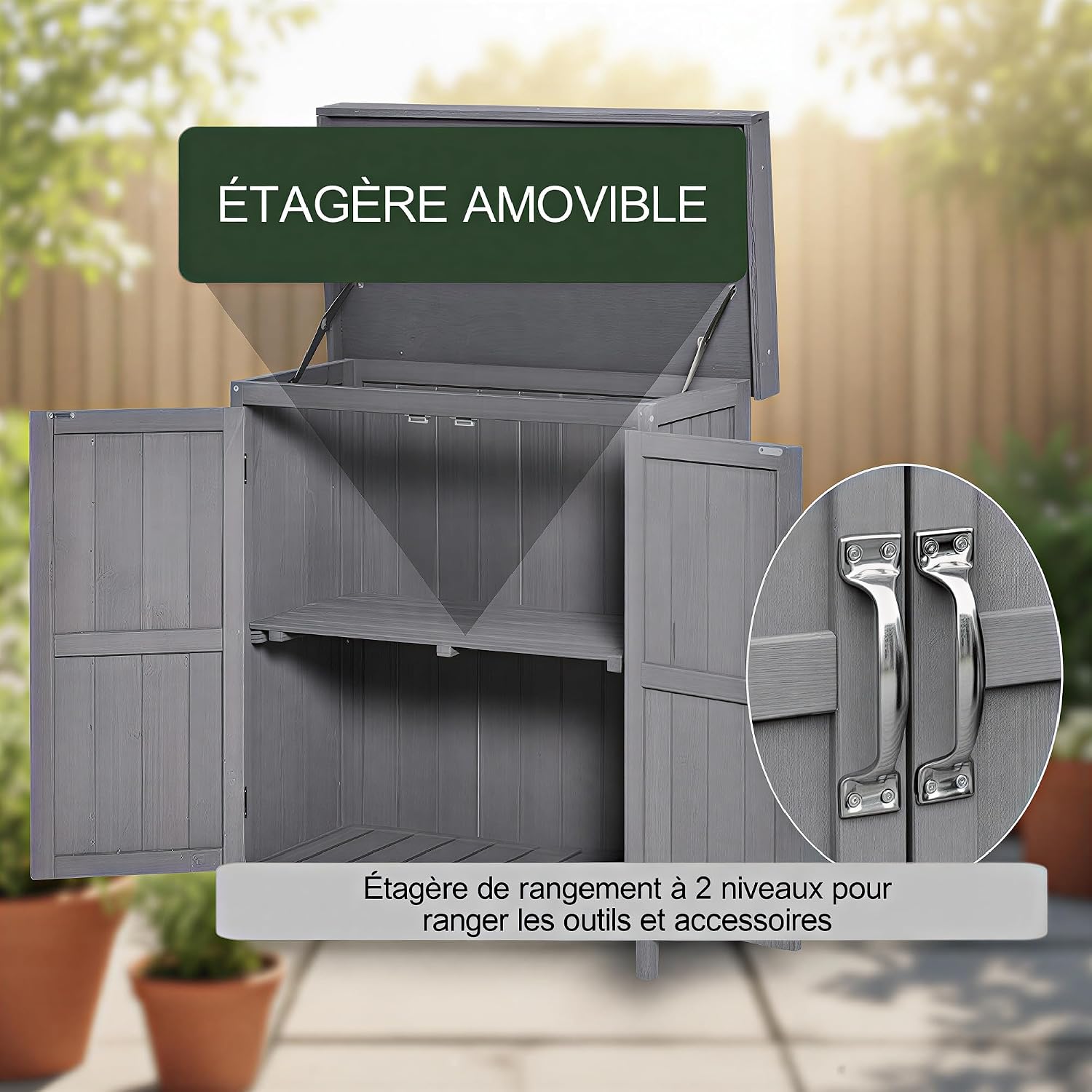 Detalle 1 de Outsunny 845-212 tuinkast met dubbele deur, grijs, in massief grenenhout