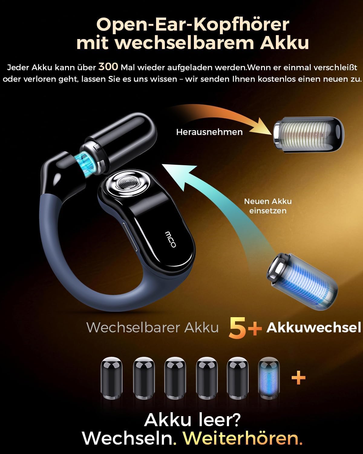 Detalle de OJW Open-Ear Bluetooth Kopfhörer mit wechselbarem Akku – bis zu 96 Std. Wiedergabe, IPX7, ENC-Mikrofon, open-ear Komfort