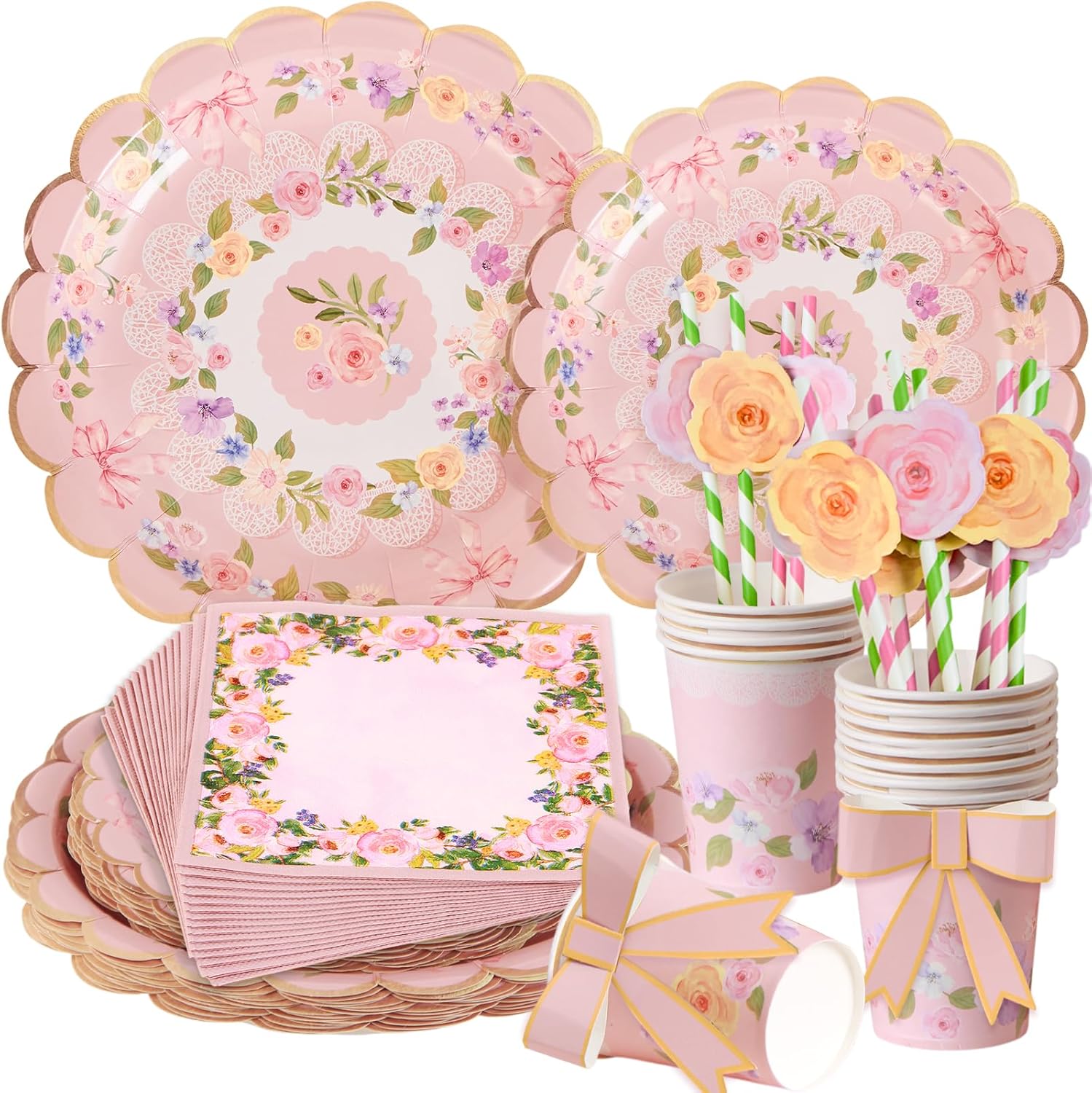 Detalle de SUNBEAUTY 80pcs Afternoon Tea Decorations – Floral Plates, Straws, Napkins & Bow Cups