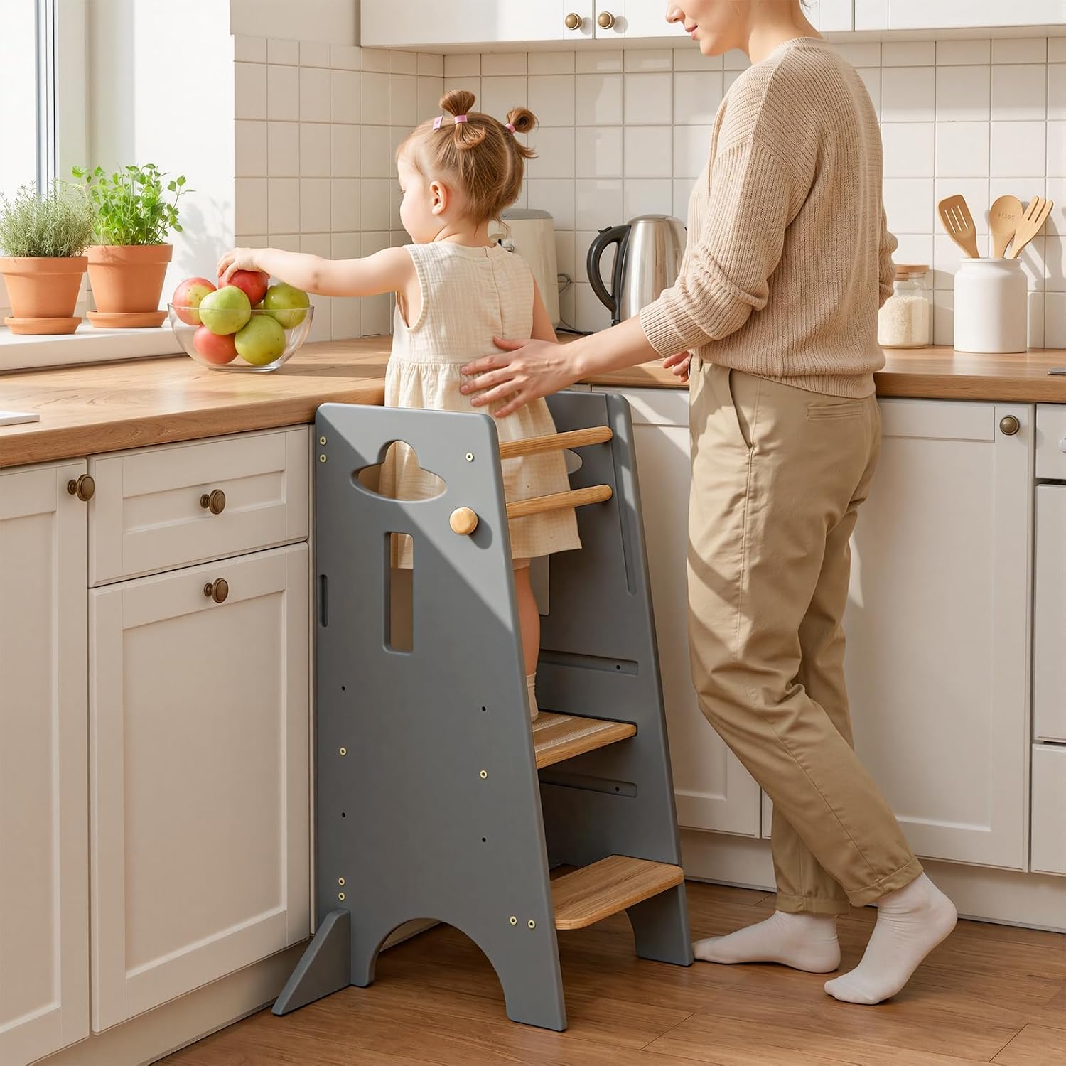 Detalle de COSYLAND CS000132-3-CA Toddler Kitchen Tower, 3-Level Adjustable, Natural & Grey