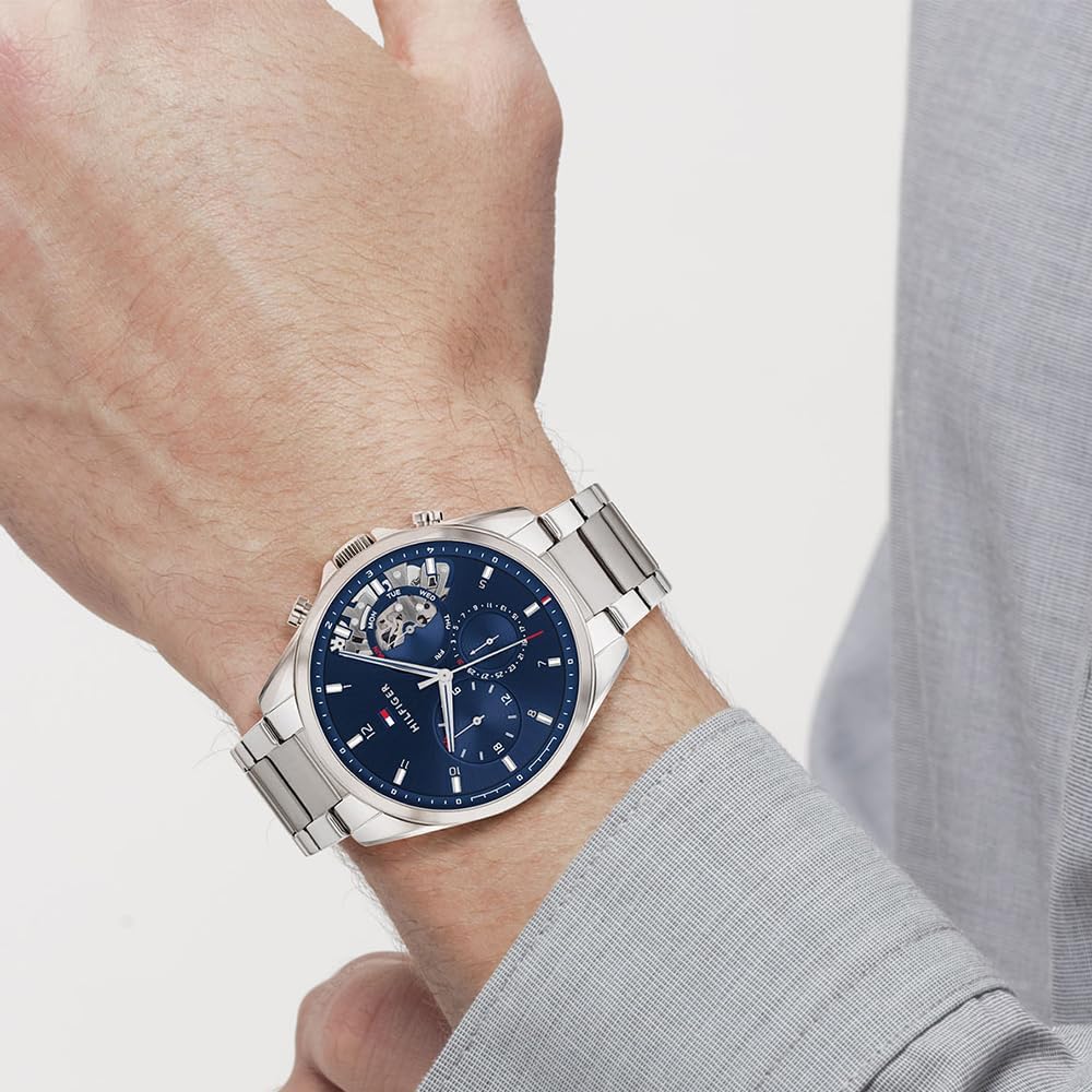 Detalle 2 de Tommy Hilfiger Multi Zifferblatt Quarz Uhr für Herren – Silbernes Edelstahl-Mesh-Armband & Lederarmband