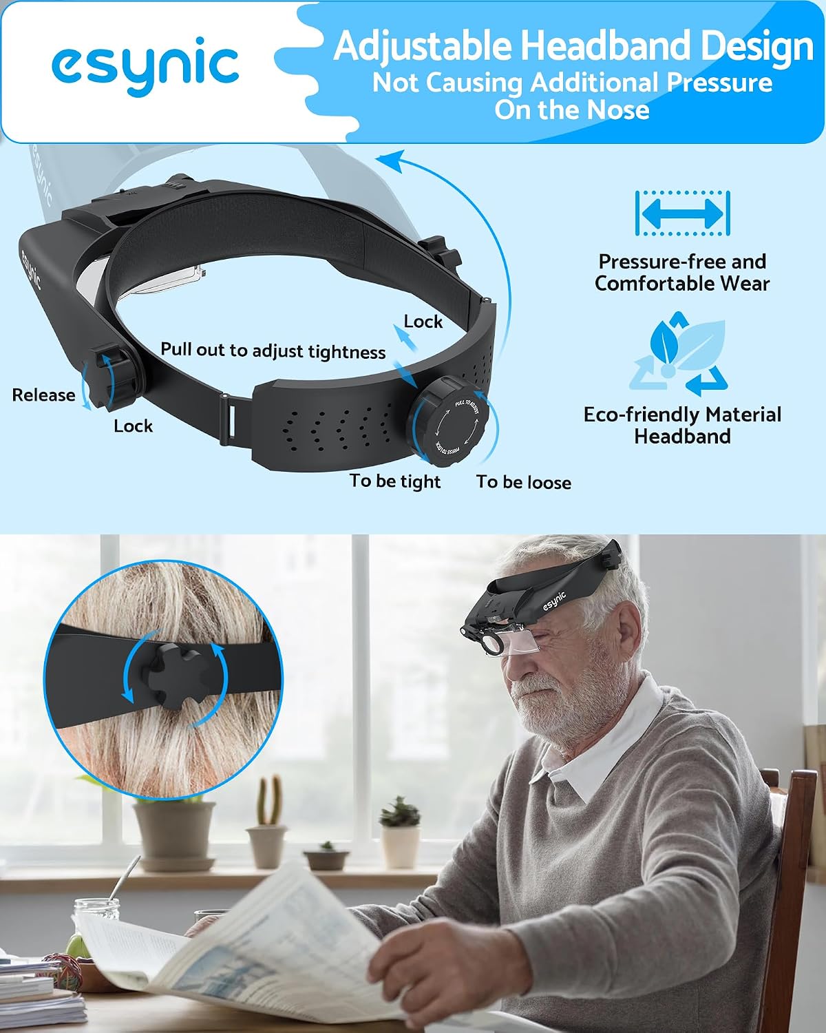 Detalle 2 de eSynic Head Magnifying Glass with LED Light: A Practical 5-Lens Headband Magnifier for Reading and Crafts