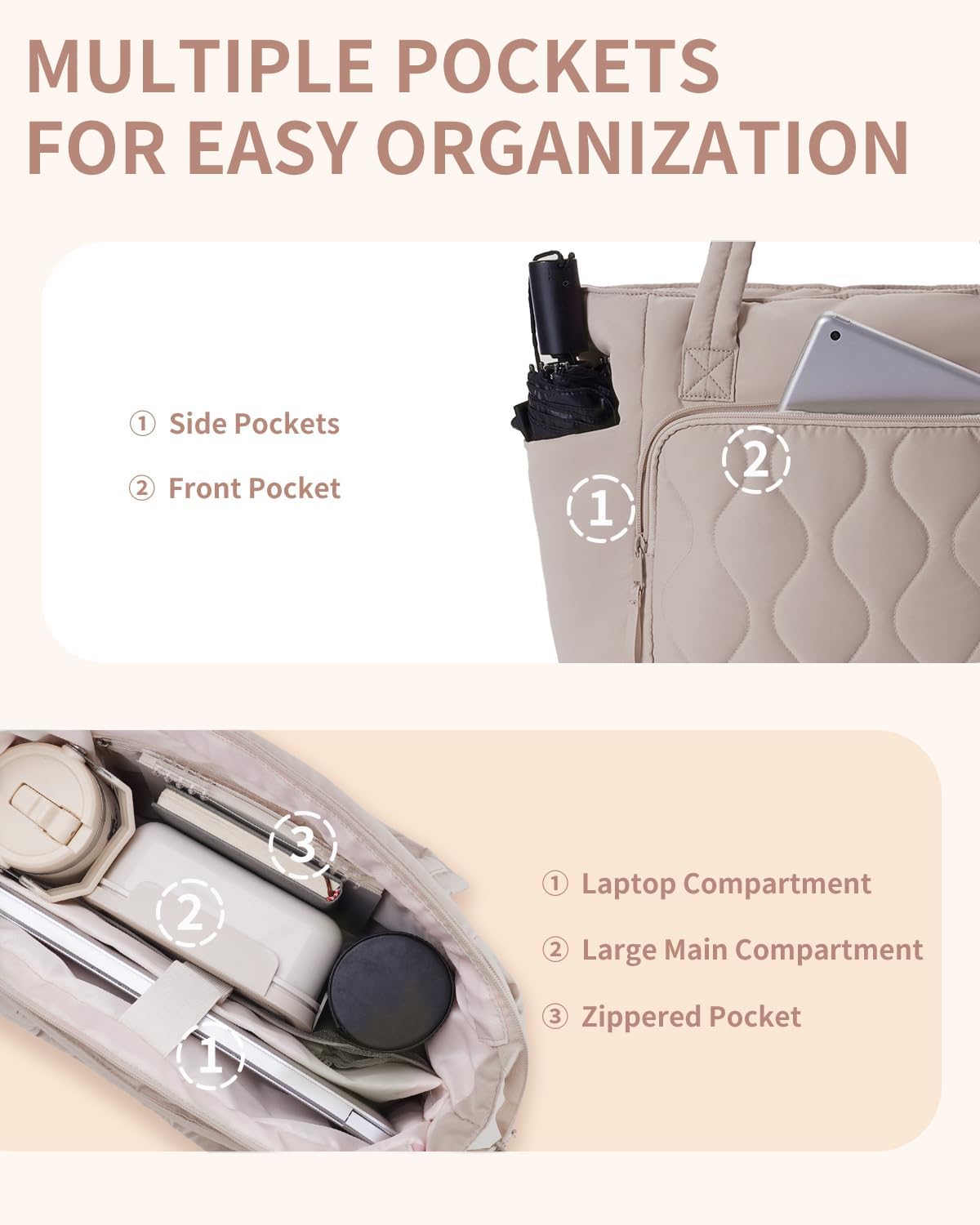 Detalle de Ceneda Quilted Puffer Tote Bag for Women – Lightweight Work Tote with 15.6" Laptop Compartment
