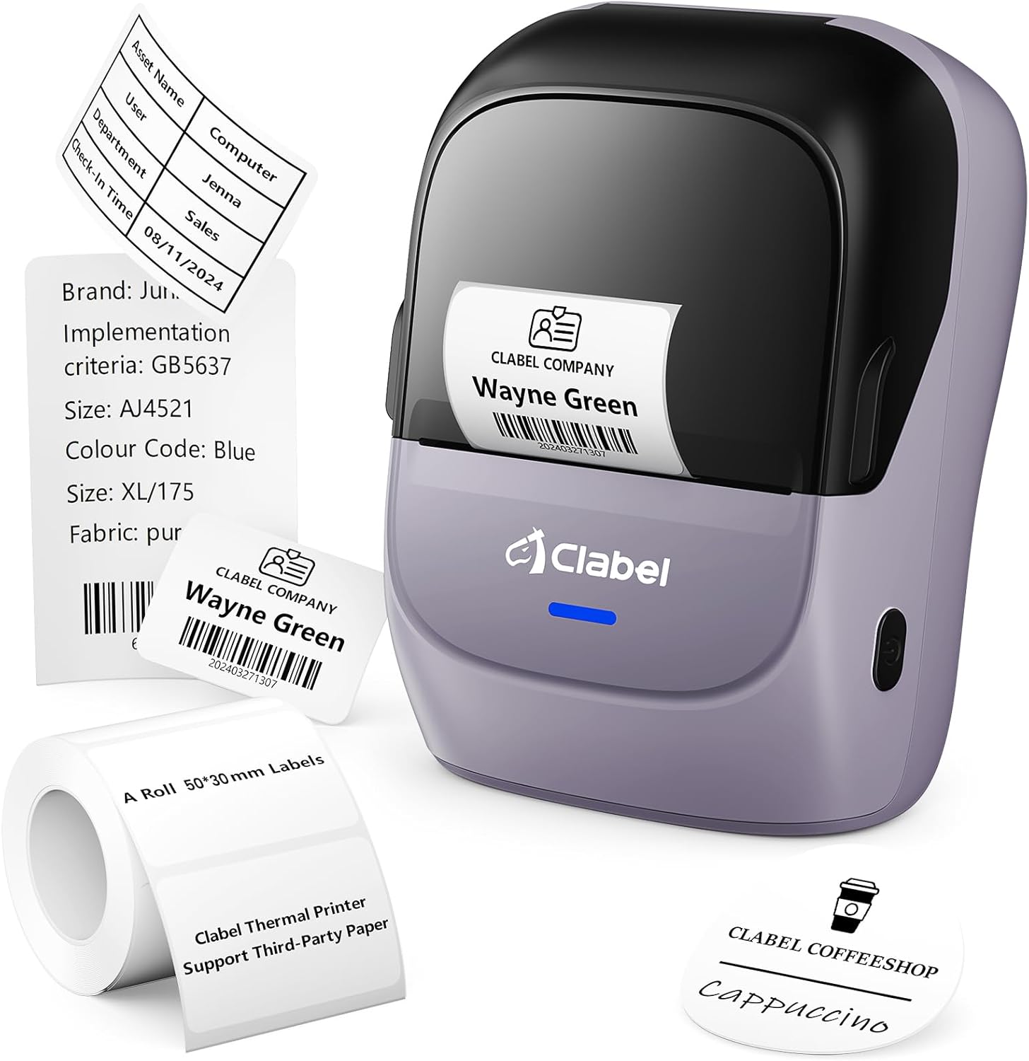 CLABEL 221B Mini stampante portatile per etichette termiche con Bluetooth e codici a barre (viola)