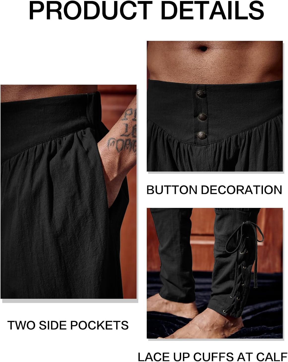 Detalle de Runcati Mens Medieval Ankle Pants - Renaissance Pirate Linen Costume Trousers