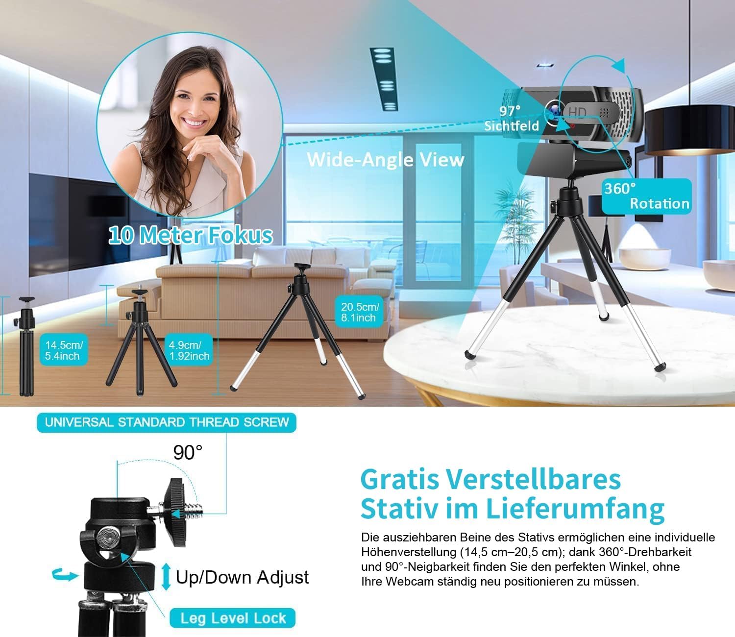 Thumbnail 4 de neefeaer 2K Full HD Webcam mit Mikrofon, Stativ & automatischer Lichtkorrektur