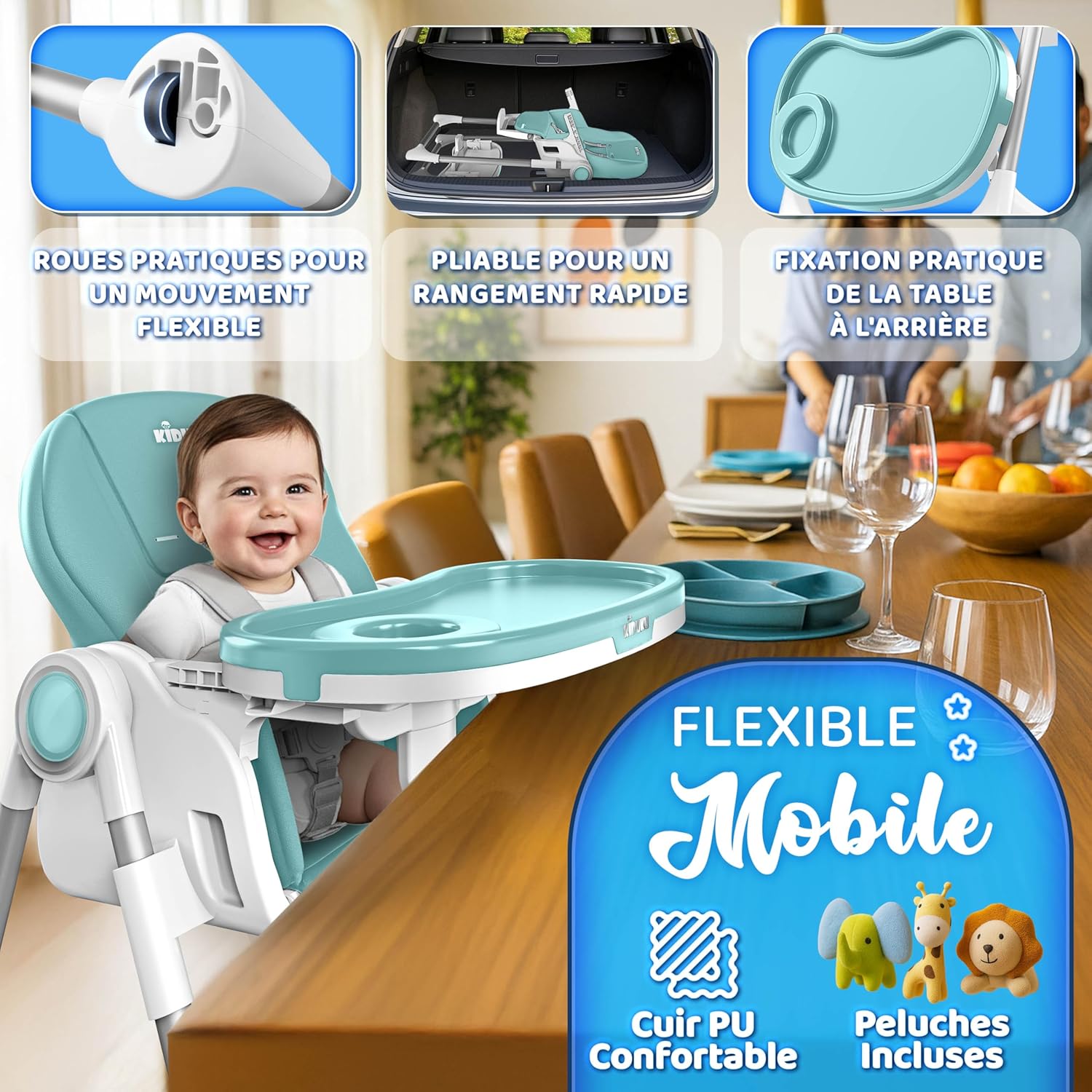 Thumbnail 6 de KIDUKU Chaise haute bébé 3-en-1 turquoise avec réducteur nouveau-né et arche de jeu