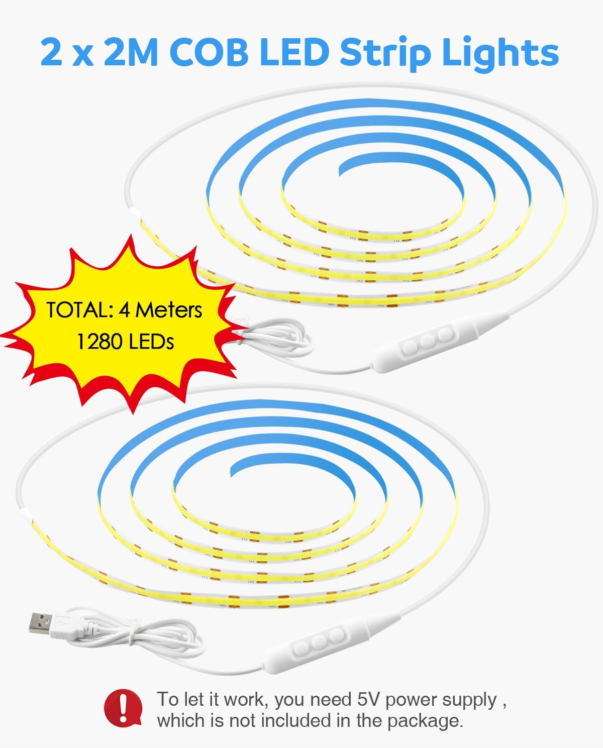 Thumbnail 1 de Aclorol 2M USB COB LED Strip – 4 m insgesamt, 6000K, dimmbar, selbstklebend