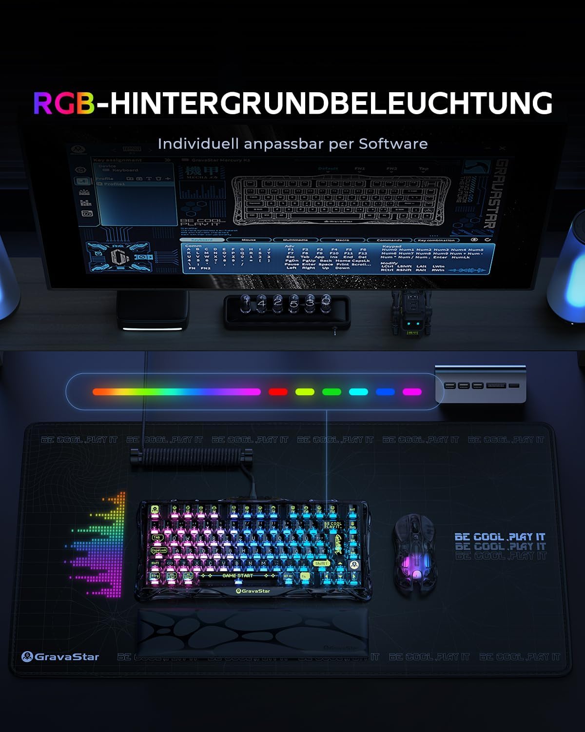 Detalle de GravaStar Mercury K1 Lite QWERTZ mechanische 75%-Tastatur (DE-Layout) – Tri-Mode kabellos & Hot-Swap – RGB, transparentes Schwarz