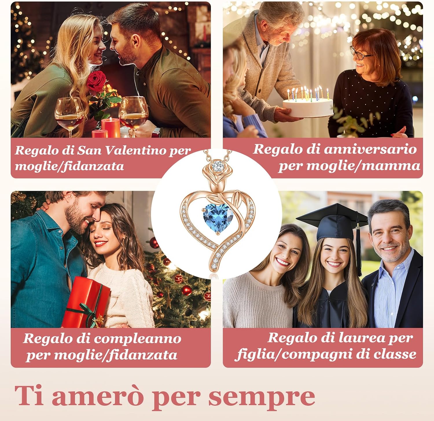 Detalle 2 de CDE Collana Oro Rosa Cuore Pendente Pietra di Nascita – Eleganza romantica e personalizzata