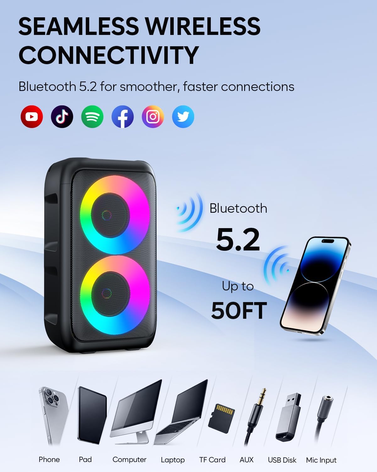 Detalle de HEEBUKE Karaoke Maschine mit 2 kabellosen Mikrofonen – Tragbarer Bluetooth Lautsprecher 2x10W