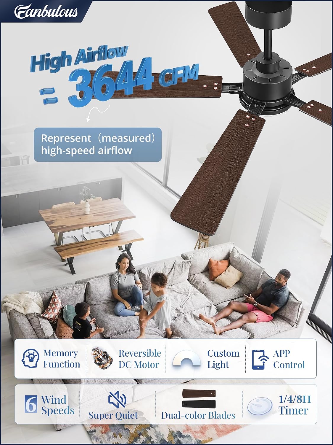 Detalle 2 de Fanbulous DQ52 52-Inch Ceiling Fan with Light, App Control and Reversible Blades