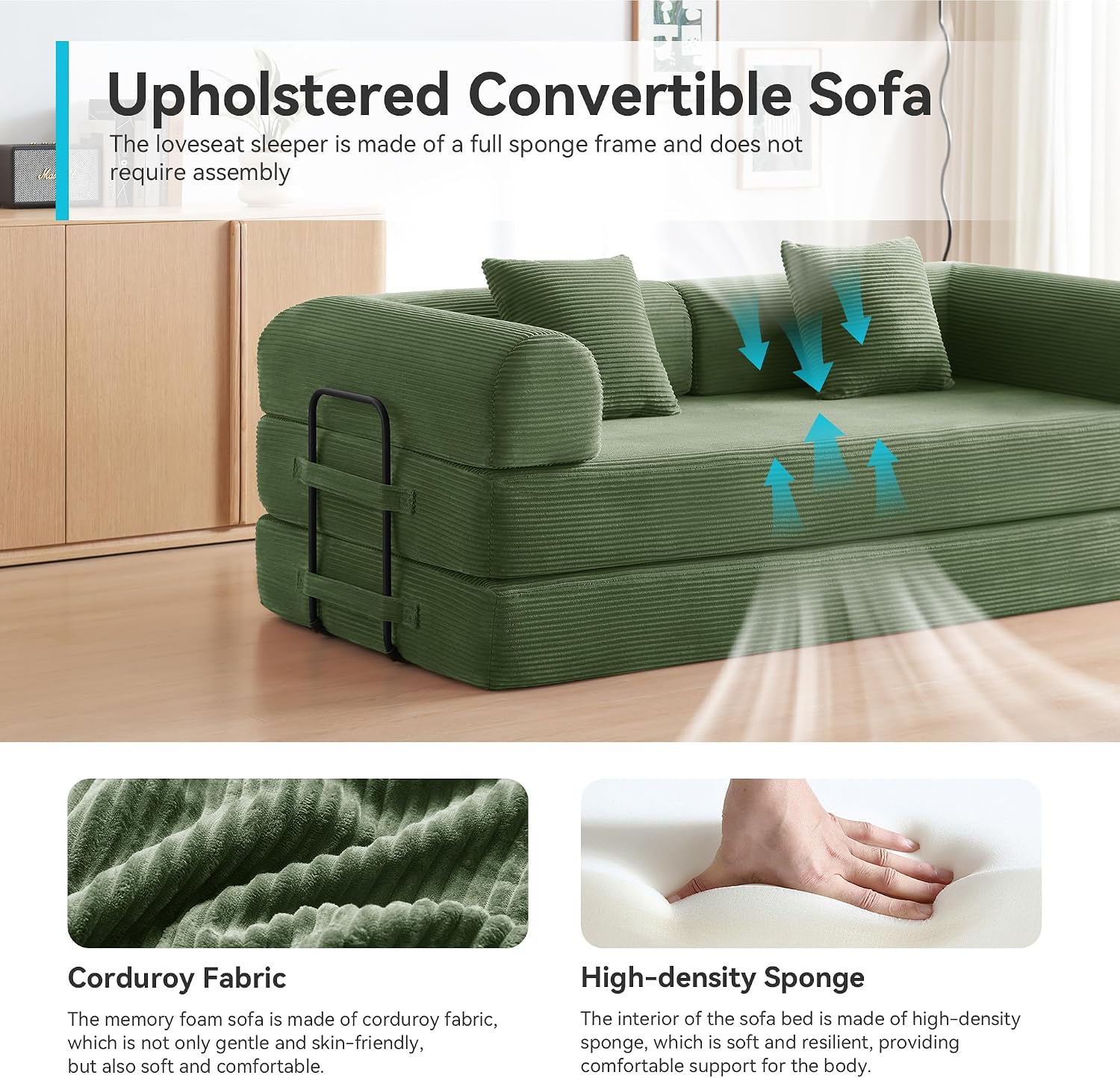 Detalle 2 de QQR 1 79-Inch Convertible Sofa Bed, Dark Green Corduroy Modular Couch