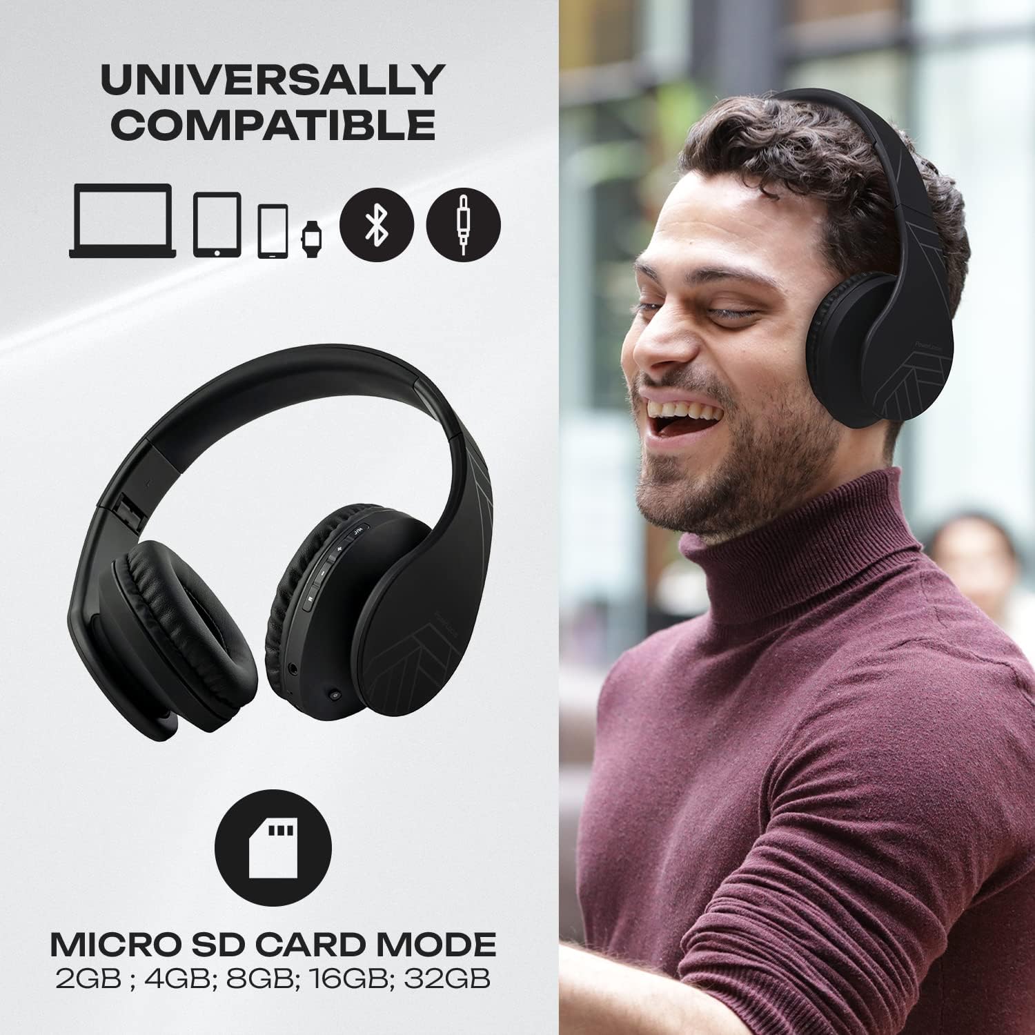 Thumbnail 2 de PowerLocus Bluetooth Over-Ear Headphones (Black) – wireless & wired with mic, microSD/TF and FM