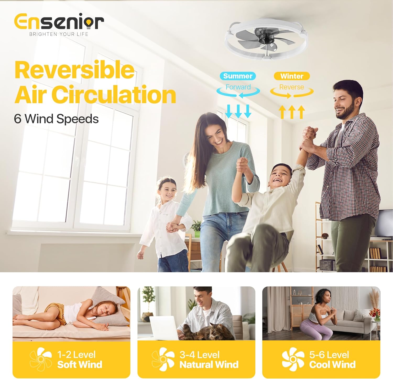 Detalle de Ensenior 50cm Ceiling Fan with Lights and Remote – Quiet, Dimmable LED and Remote Control
