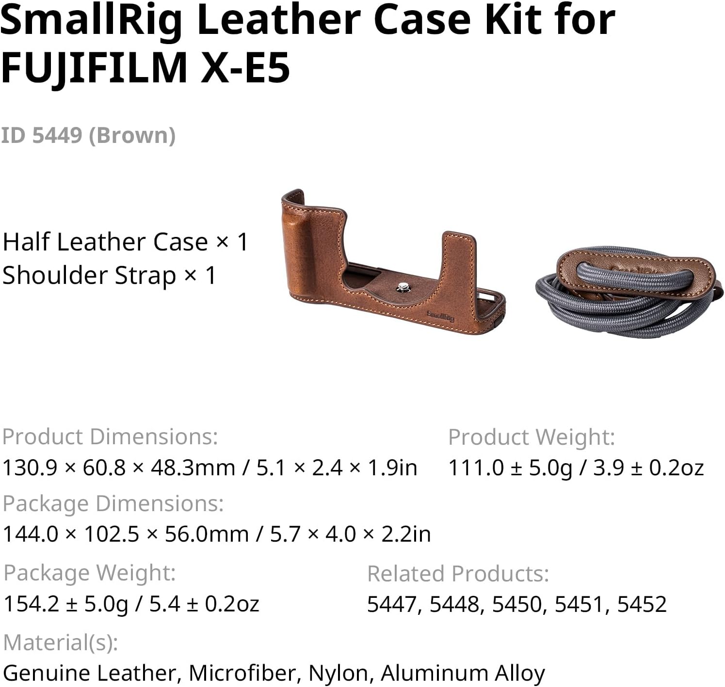 Detalle de SMALLRIG Echtleder-Taschenset 5449 für Fujifilm X-E5 (Vintage-Halbschalengehäuse) inkl. Schultergurt, Braun