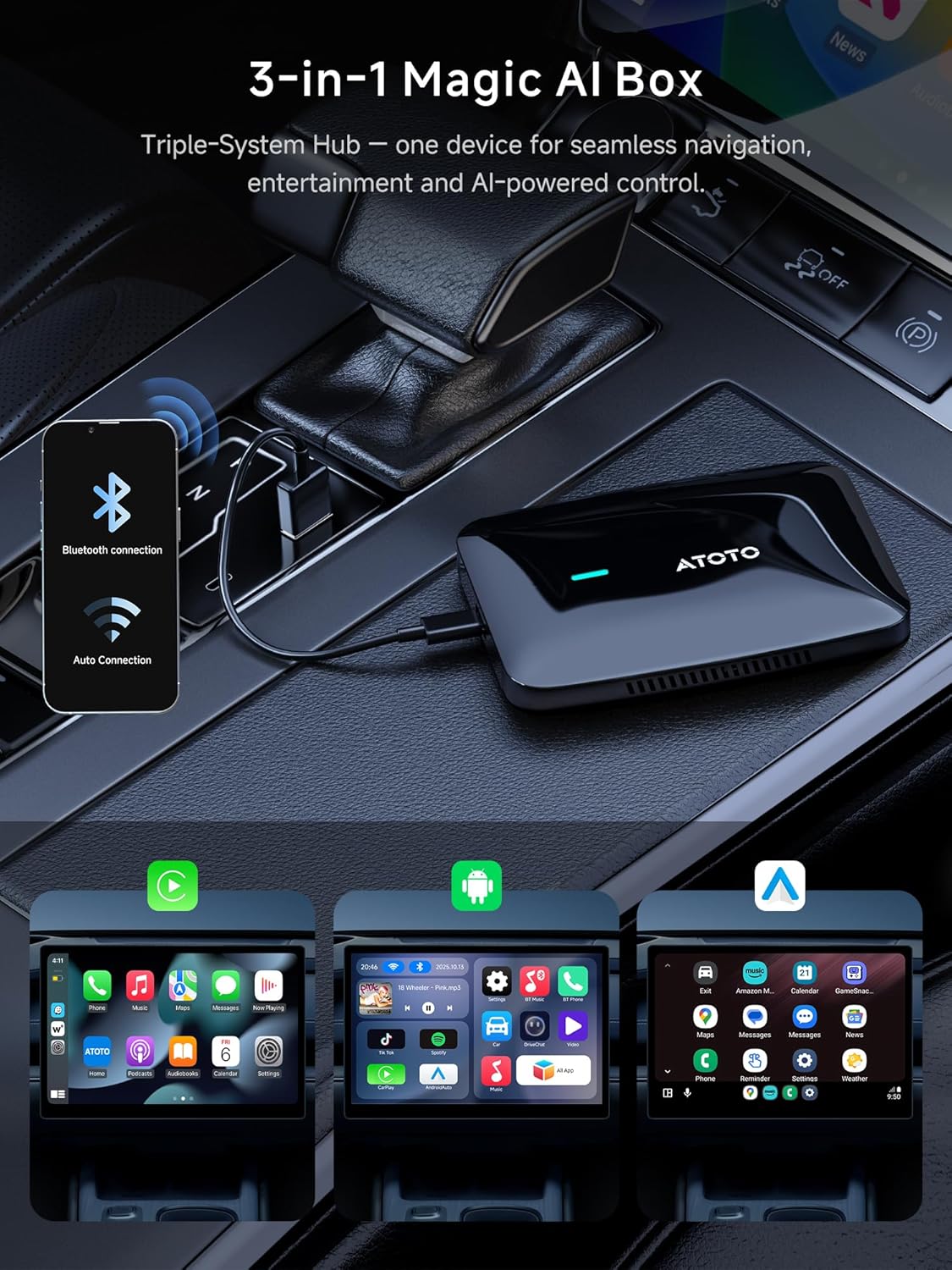 Detalle 2 de MYATOTO Carplay Wireless Adapter with AI Box: 3-in-1 Wireless CarPlay & Android Auto, TF Card, and AI DriveChat