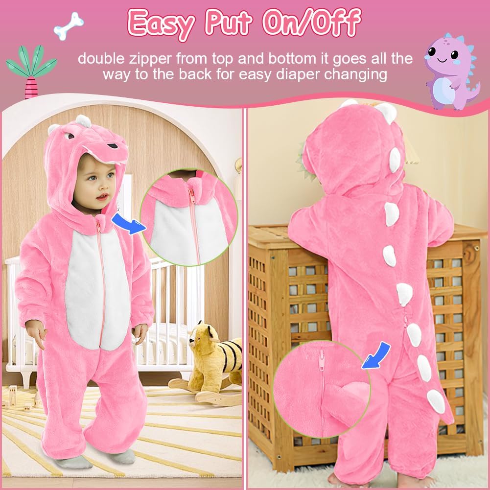 Thumbnail 1 de DiULi dinosaur flannel hooded romper (winter one-piece with front zip) for baby boys and girls
