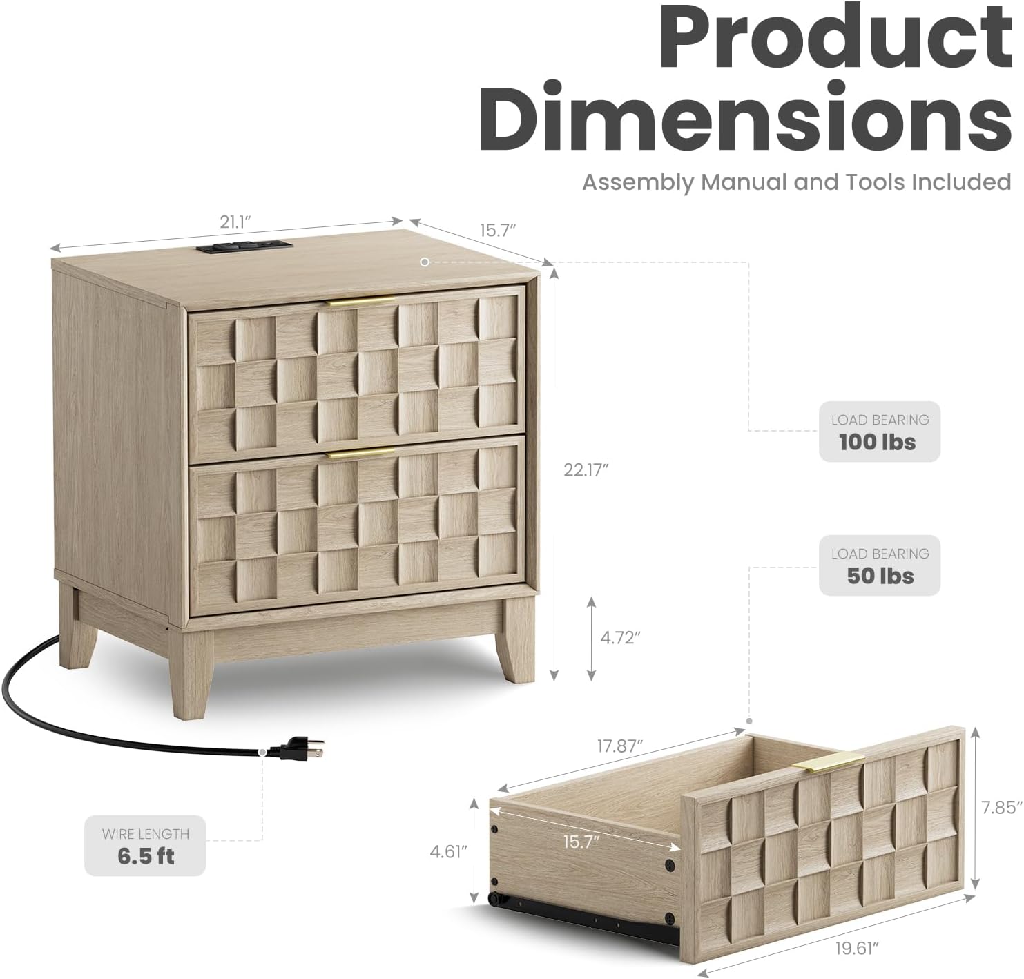 Detalle 2 de COLAMY Nightstand with Charging Station
