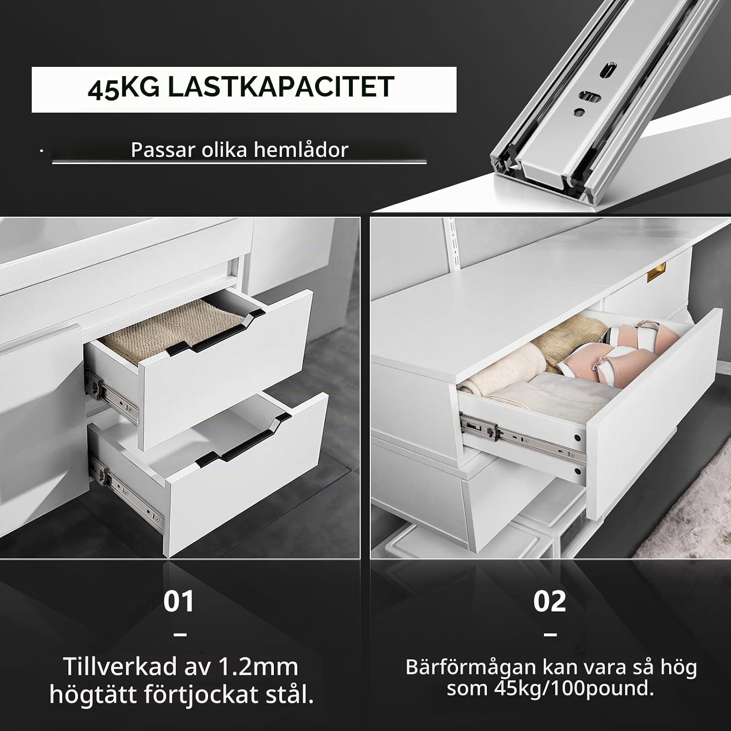 Detalle 2 de AOLISHENG 450 mm lådskenor med fullt utdrag, sidomontering och 45 kg kapacitet