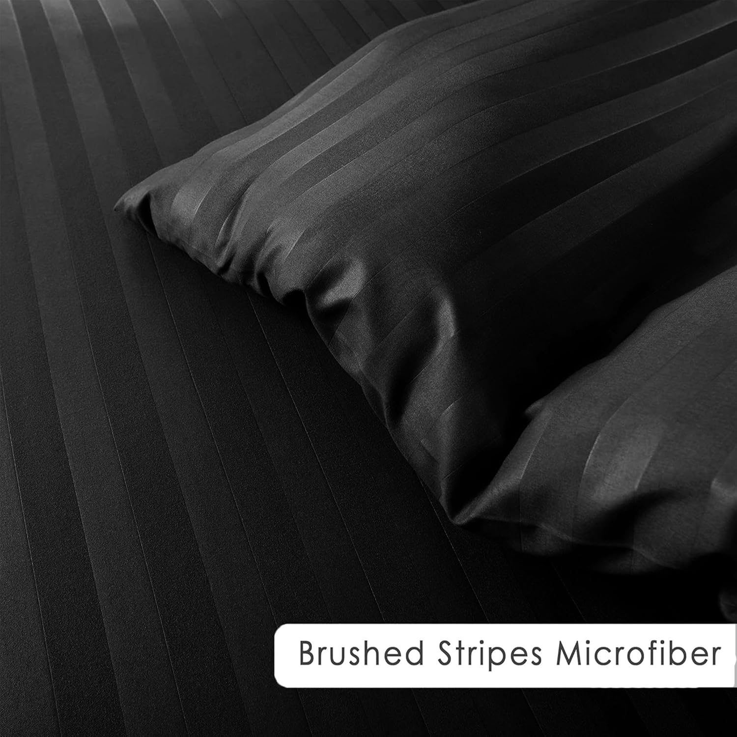 Thumbnail 3 de My home store Double Duvet Cover Set (4 pcs) Satin Stripe in Black with 30 cm deep fitted sheet