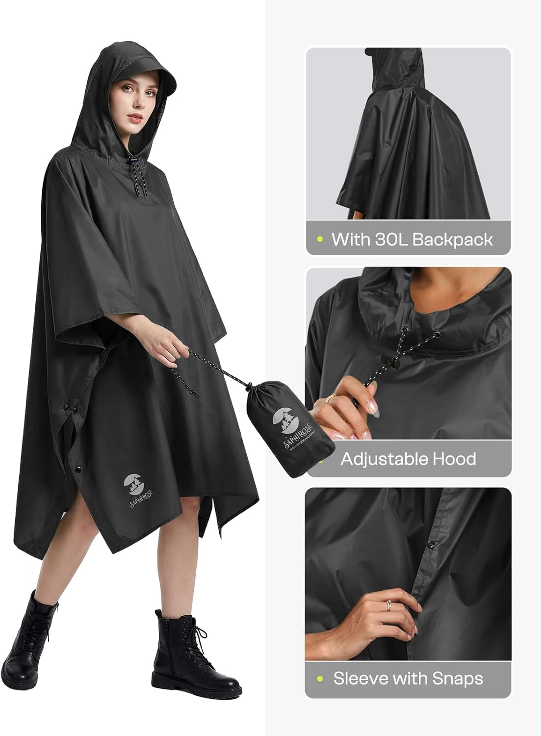 Thumbnail 3 de SaphiRose Hooded Rain Poncho: Lightweight Waterproof Protection for All-Day Outdoor Comfort