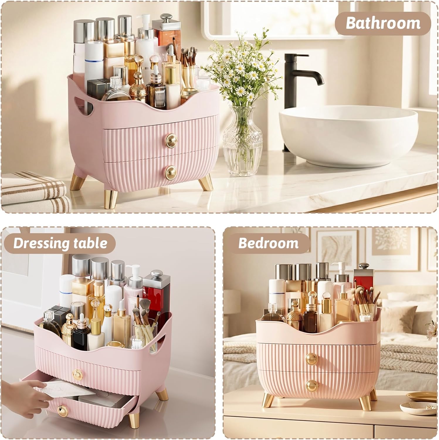 Thumbnail 3 de Makeup Organizer Countertop, Large Capacity with 2 Drawers in Pink