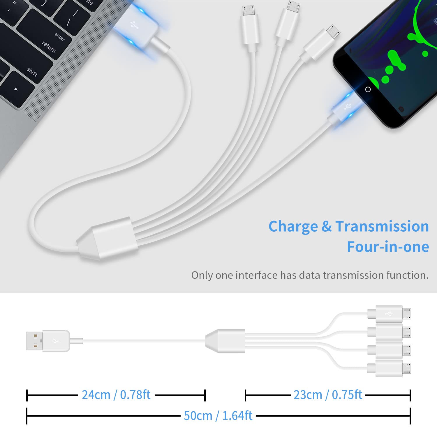 Detalle 2 de Duttek 4-in-1 USB Micro USB Charger Cable — 50cm, USB 2.0, 4 Micro USB Ports with 1 Data-Transfer Line